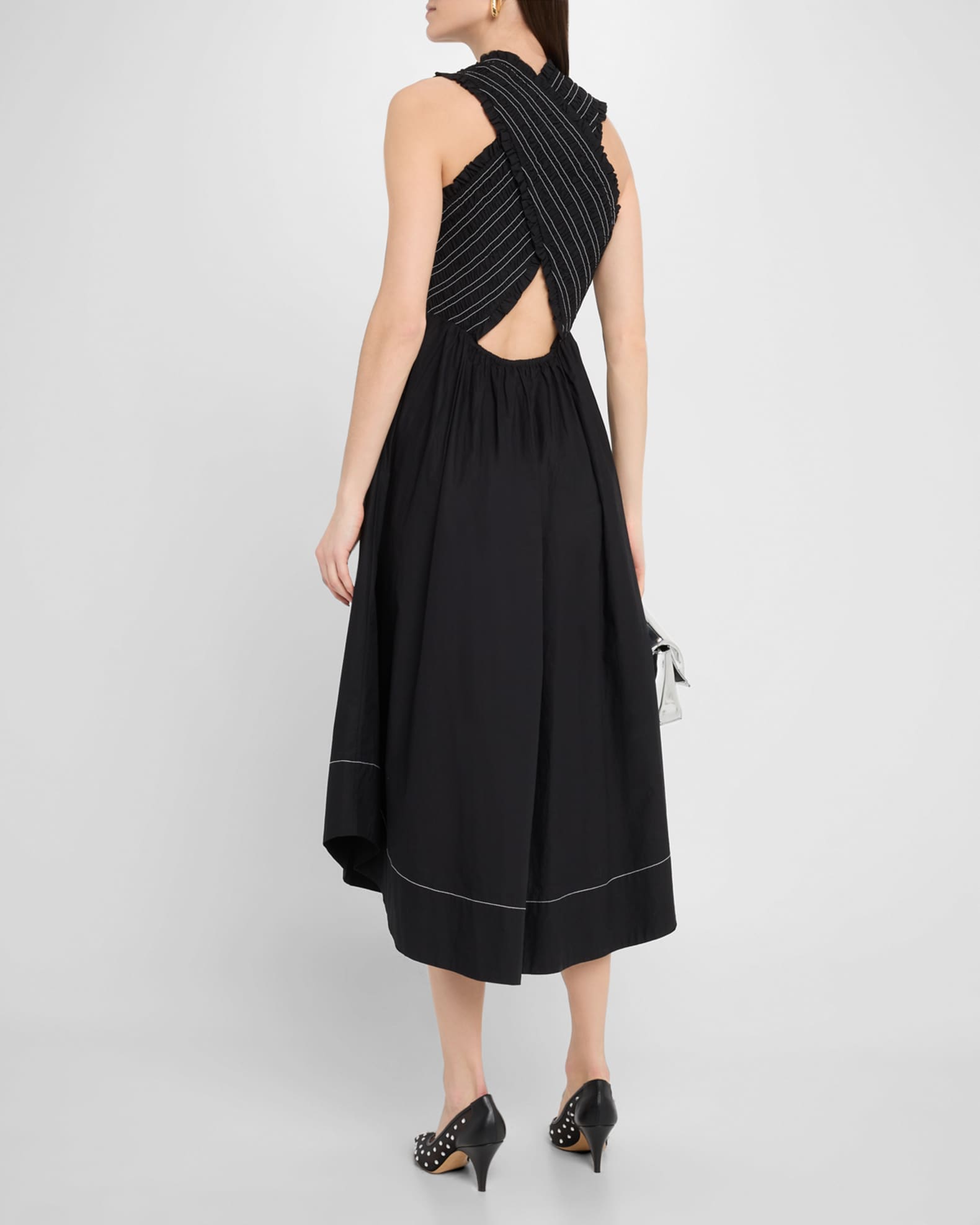 Ganni Smocked Stretch Cotton Sleeveless Midi Dress | Neiman Marcus