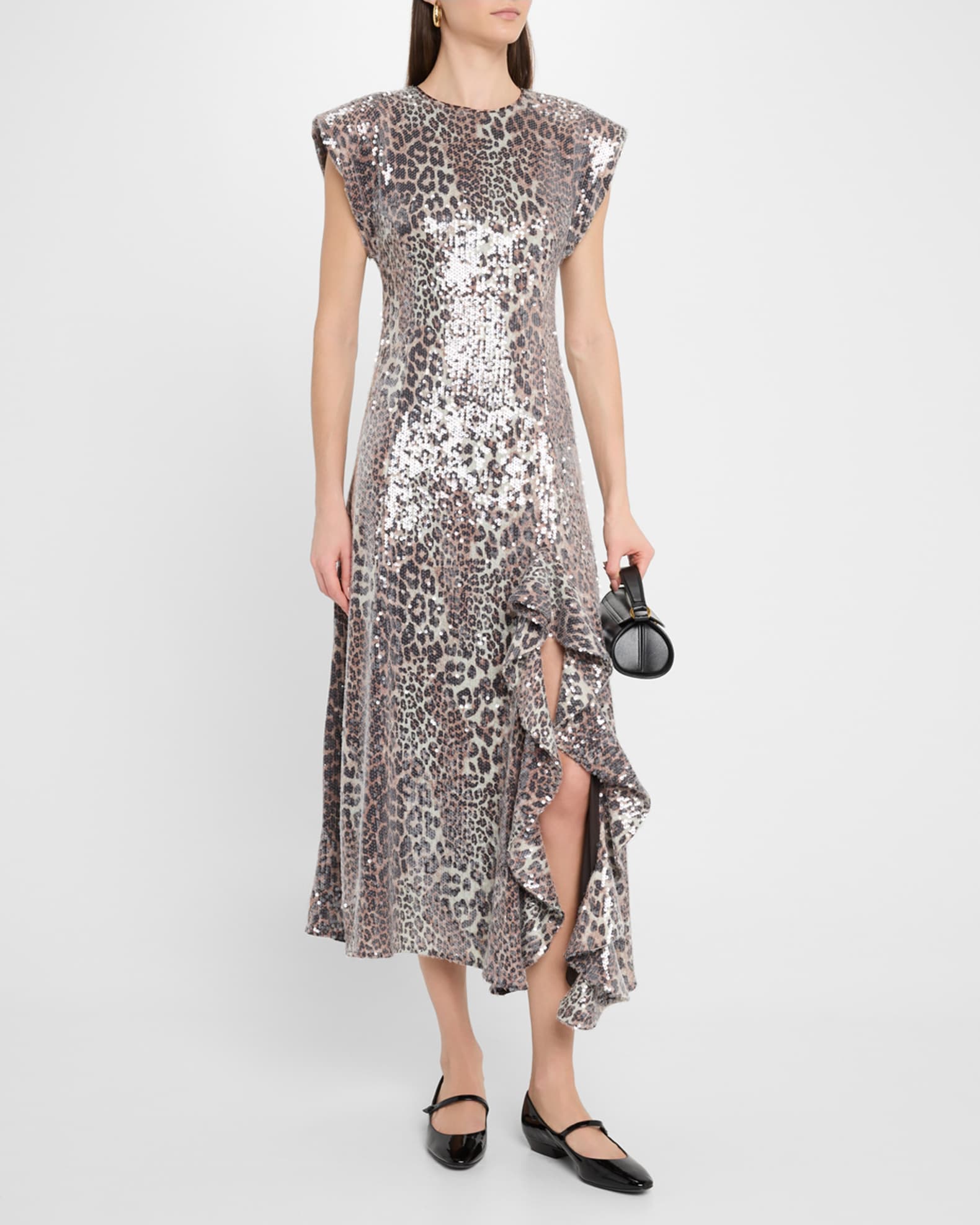 ワンピース Ganni SS25 LONG DRESS SEQUIN LEO (T41813695 943) Ganni Leopard Sequin Midi Dress – LOZURI®