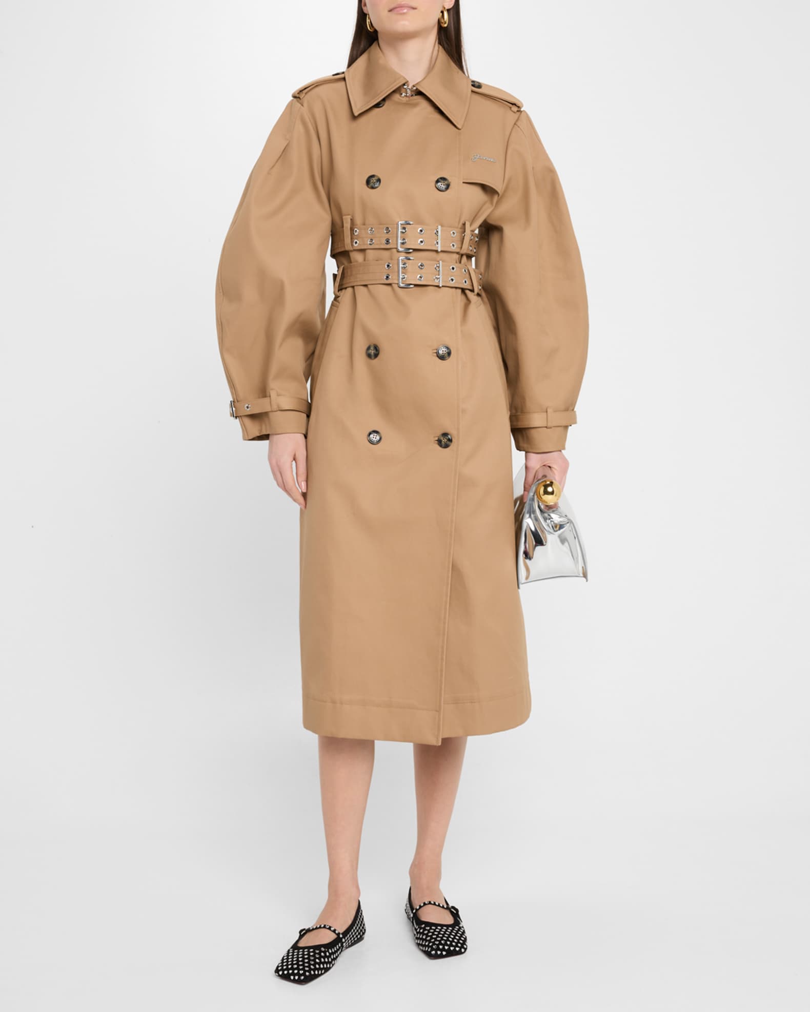 トレンチコート GANNI BEIGE TRENCH COAT Tiger's Eye Camel Bonded Cotton Trench Coat | GANNI US