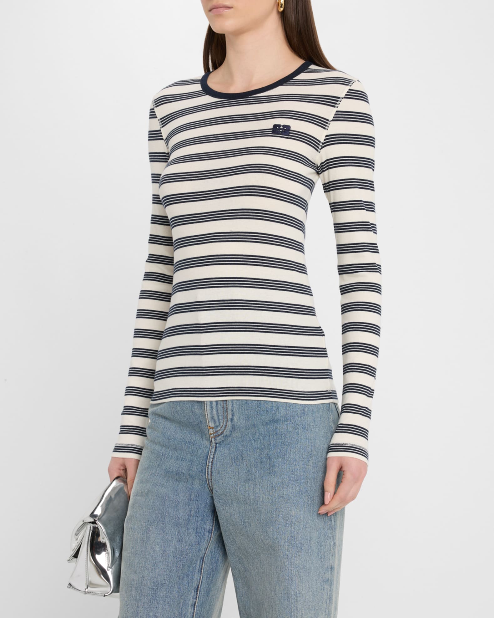 Ganni Stripe Soft Cotton Long Sleeve T-Shirt | Neiman Marcus