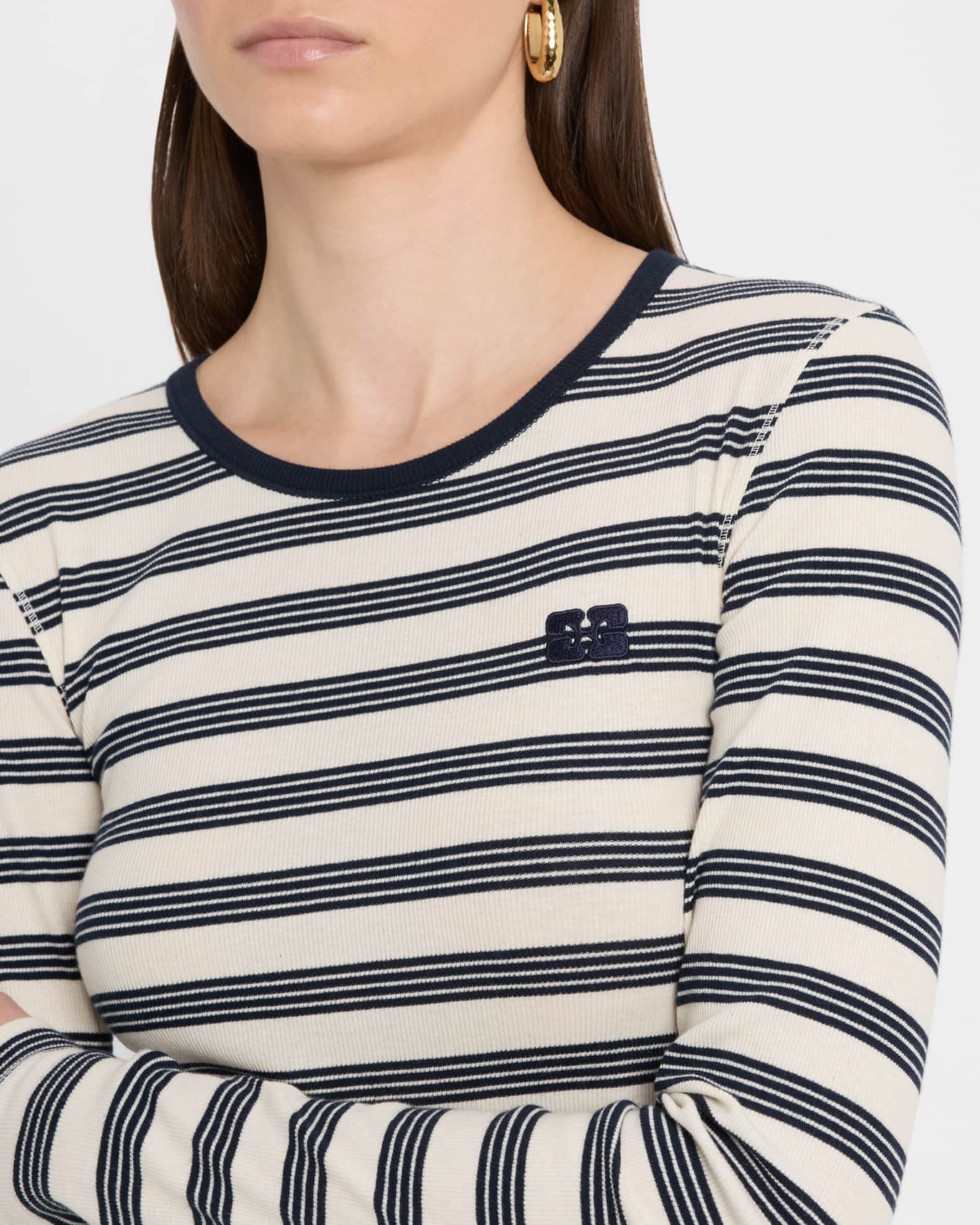 Tシャツ・カットソー Ganni FW25 LONG SLEEVE BLOUSE (W07407051 774) Ganni Stripe Soft Cotton Long Sleeve T-Shirt | Neiman Marcus