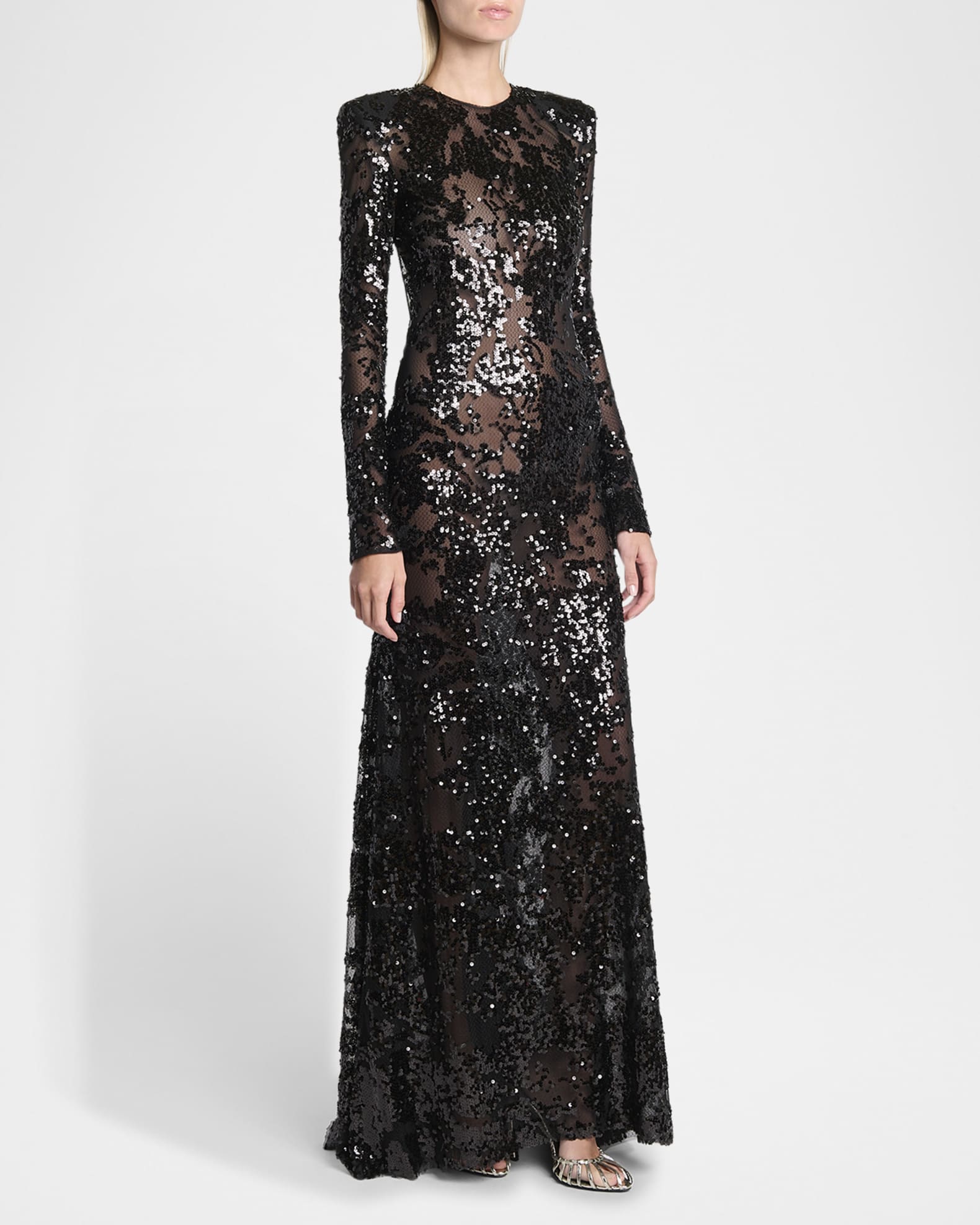 Long Sleeve Backless Sequined Gown
