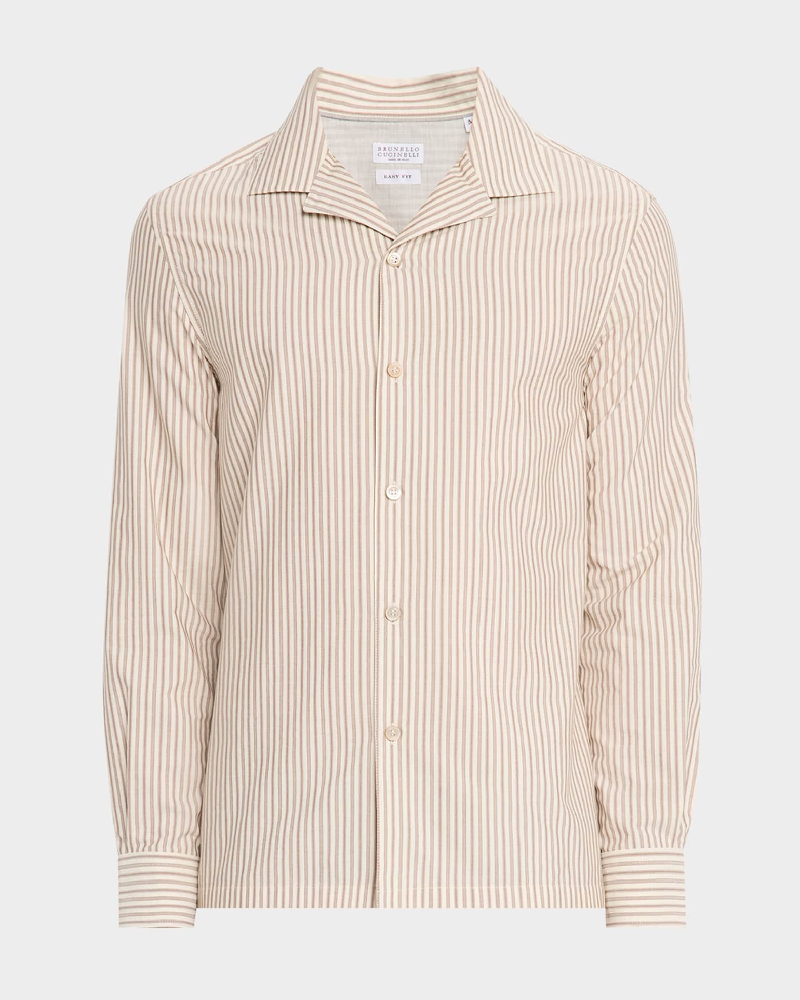 Men's Stripe Cabana-Collar Casual Button-Down Shirt 0