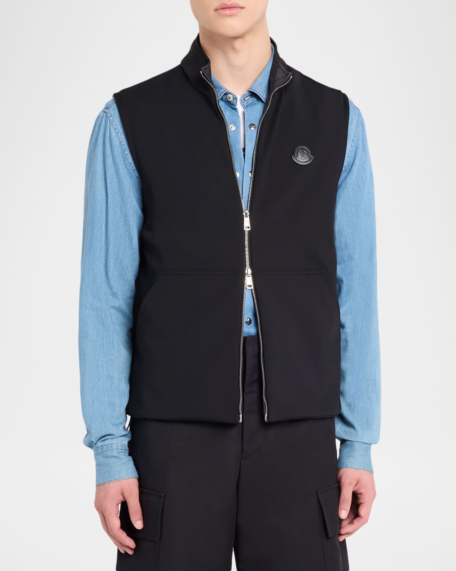 Moncler Men's Full-Zip Leather-Emblem Vest | Neiman Marcus
