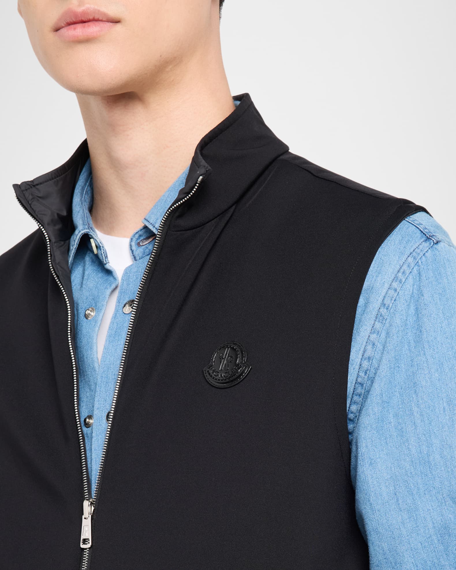 Moncler Men's Full-Zip Leather-Emblem Vest | Neiman Marcus