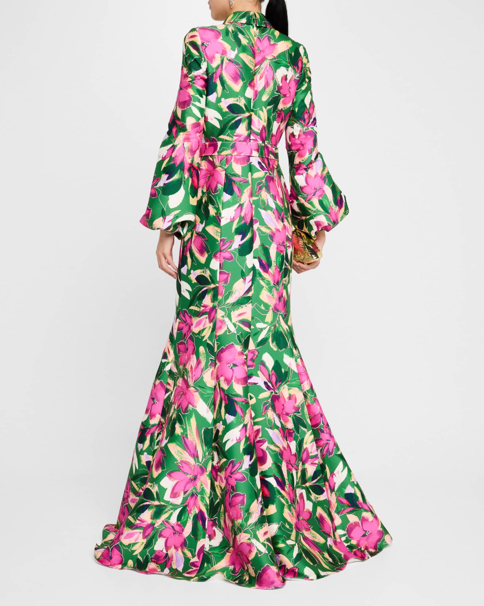 Badgley Mischka Floral print Mikado Shirt Gown Emerald Multi