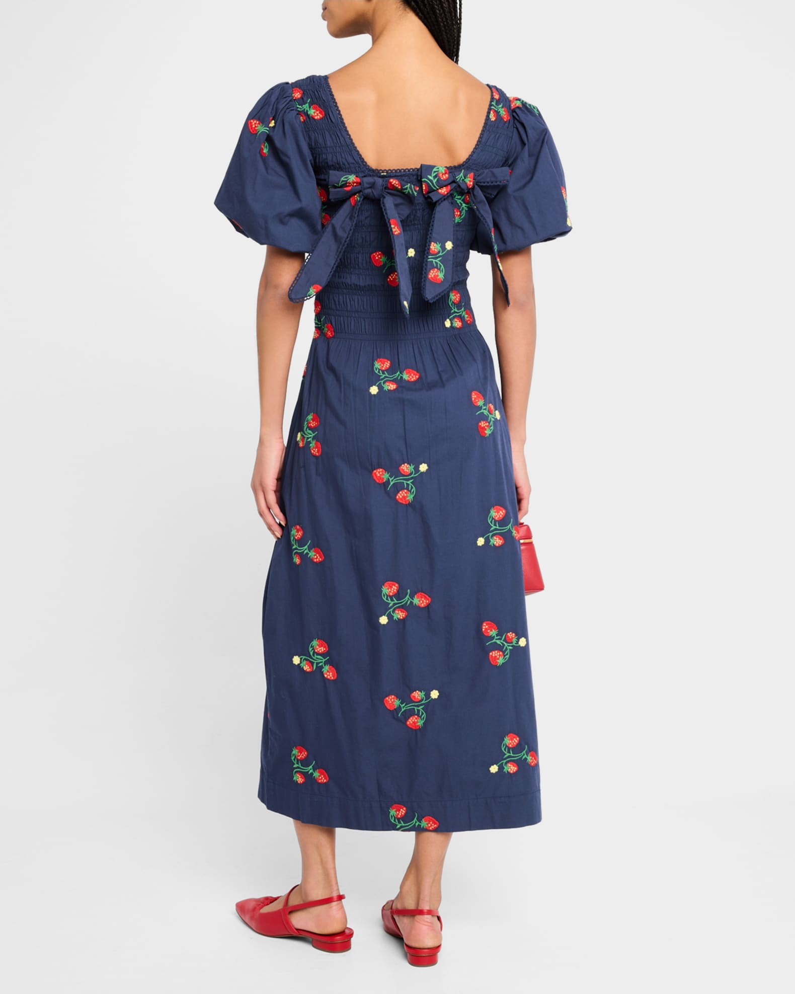 Damson Madder Lauren Strawberry Puff-Sleeve Midi Dress | Neiman Marcus