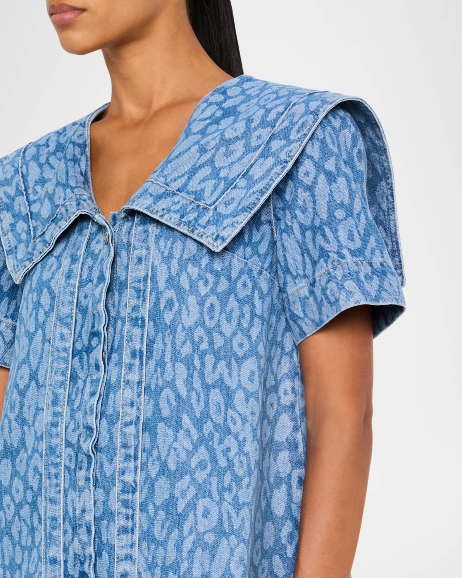 Damson Madder Goldie Denim Leopard Swing Dress | Neiman Marcus Damson Madder Goldie Denim Leopard Swing Dress | Neiman Marcus