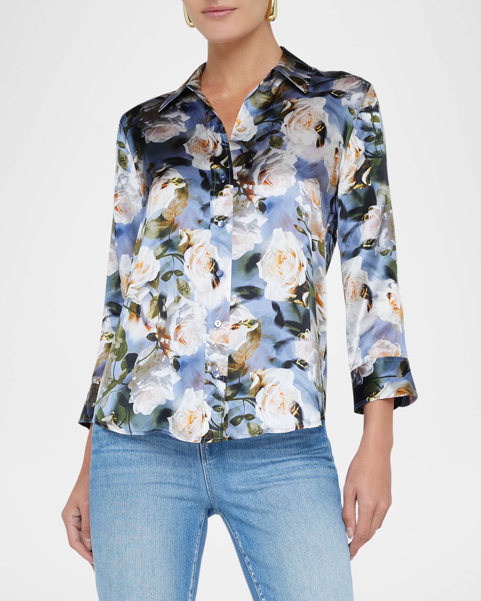 Dani Silk Blouse Ivory/Pale Mist Blue Lace Print - L'AGENCE