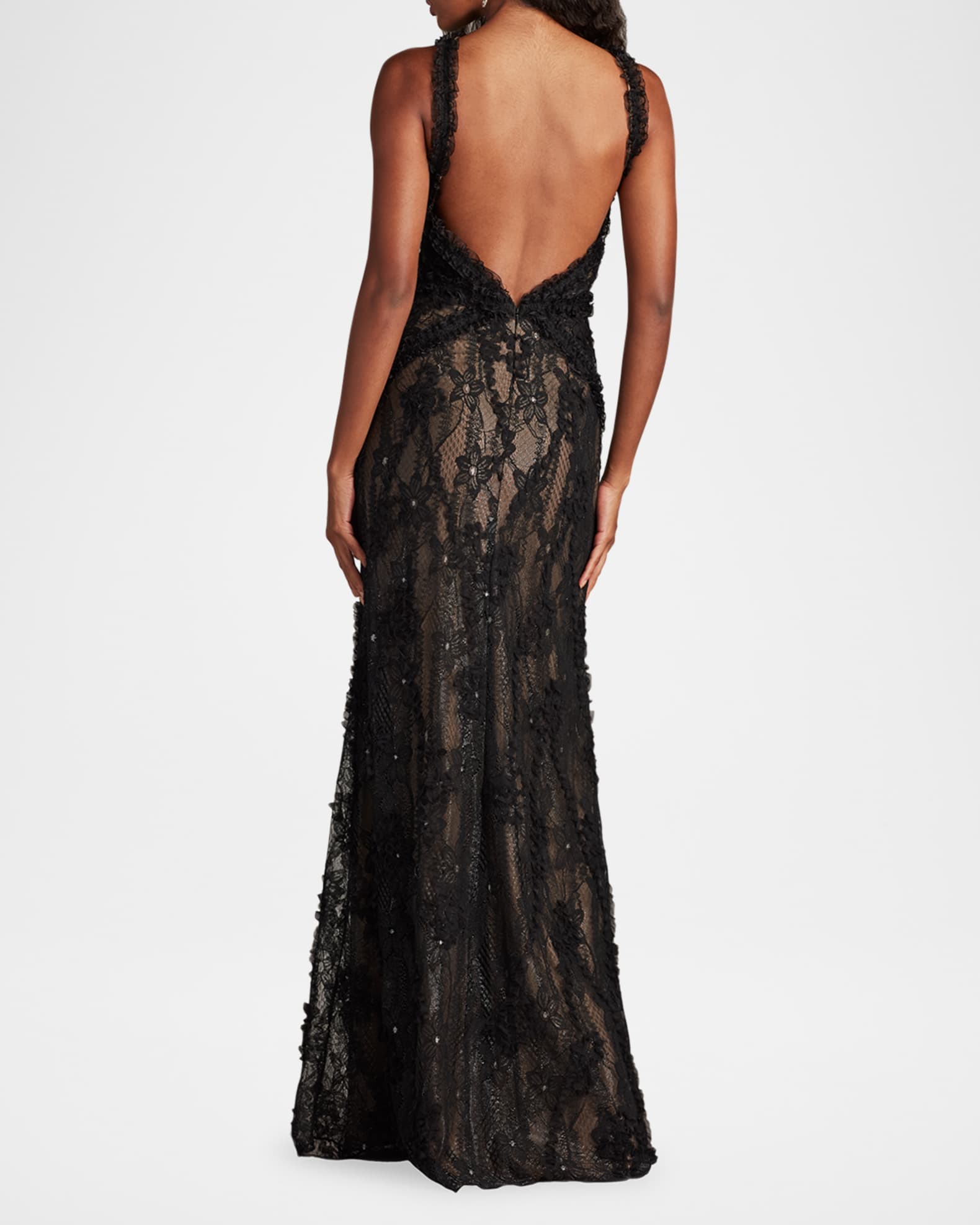 SHO by Tadashi Shoji Backless Ruffle-Trim Lace Gown