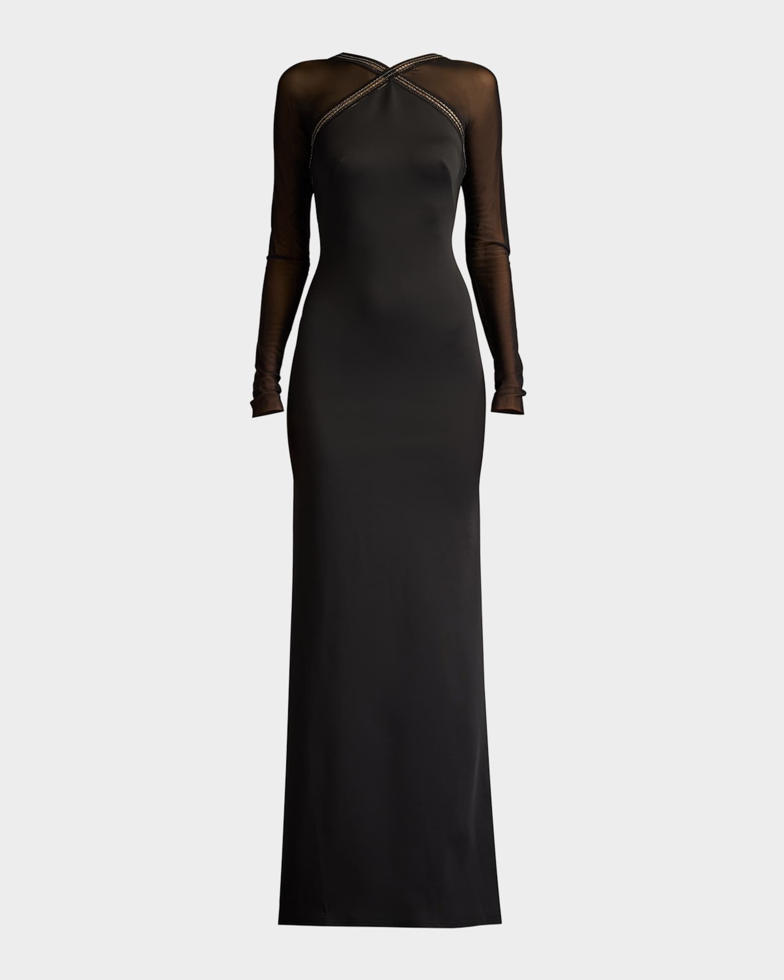SHO by Tadashi Shoji Illusion-Sleeve Neoprene Column Gown | Neiman Marcus