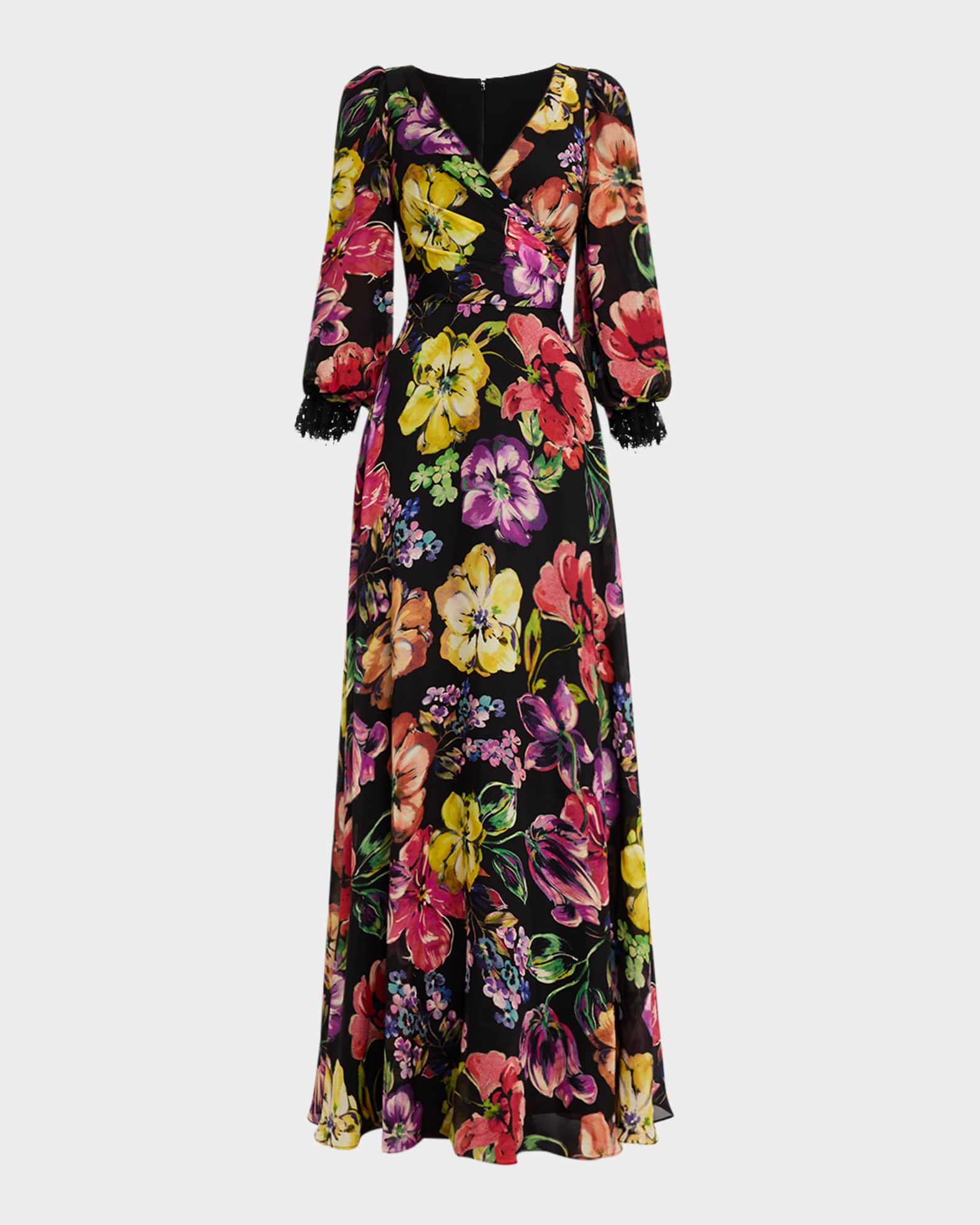 Floral-Print Surplice Silk Gown 0