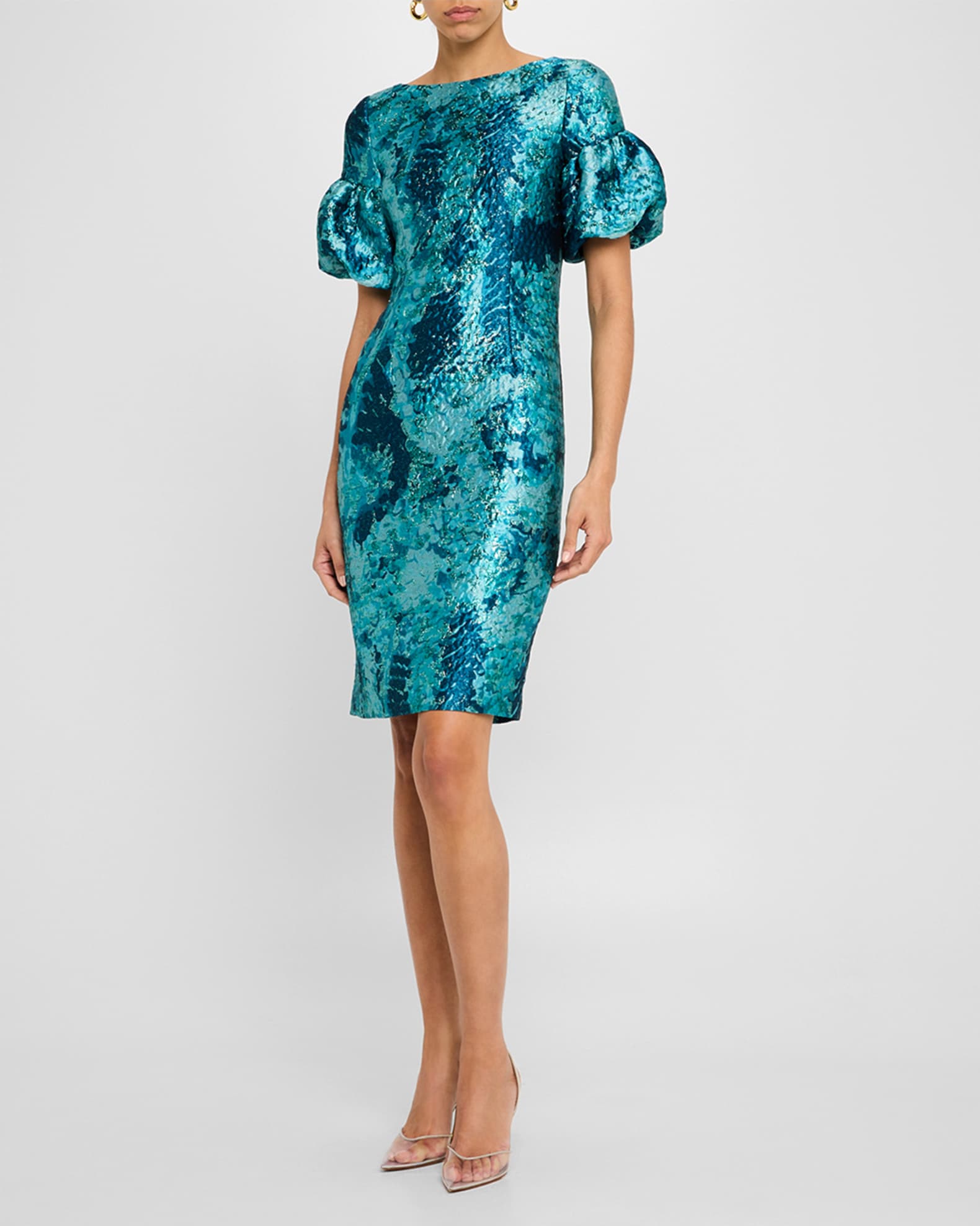 Puff-Sleeve Metallic Jacquard Dress - Thumbnail 2