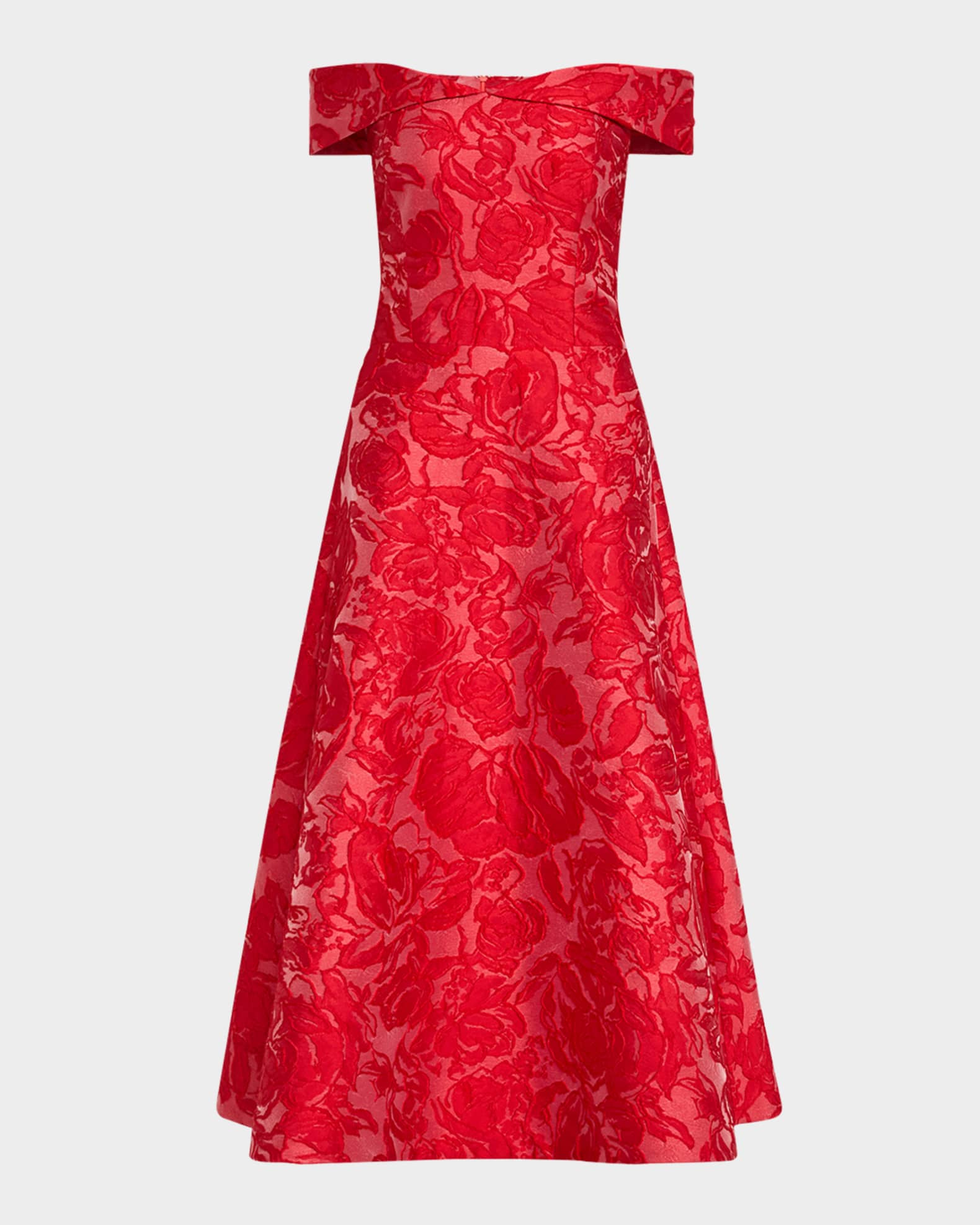 Off-Shoulder Floral Jacquard Midi Dress 0