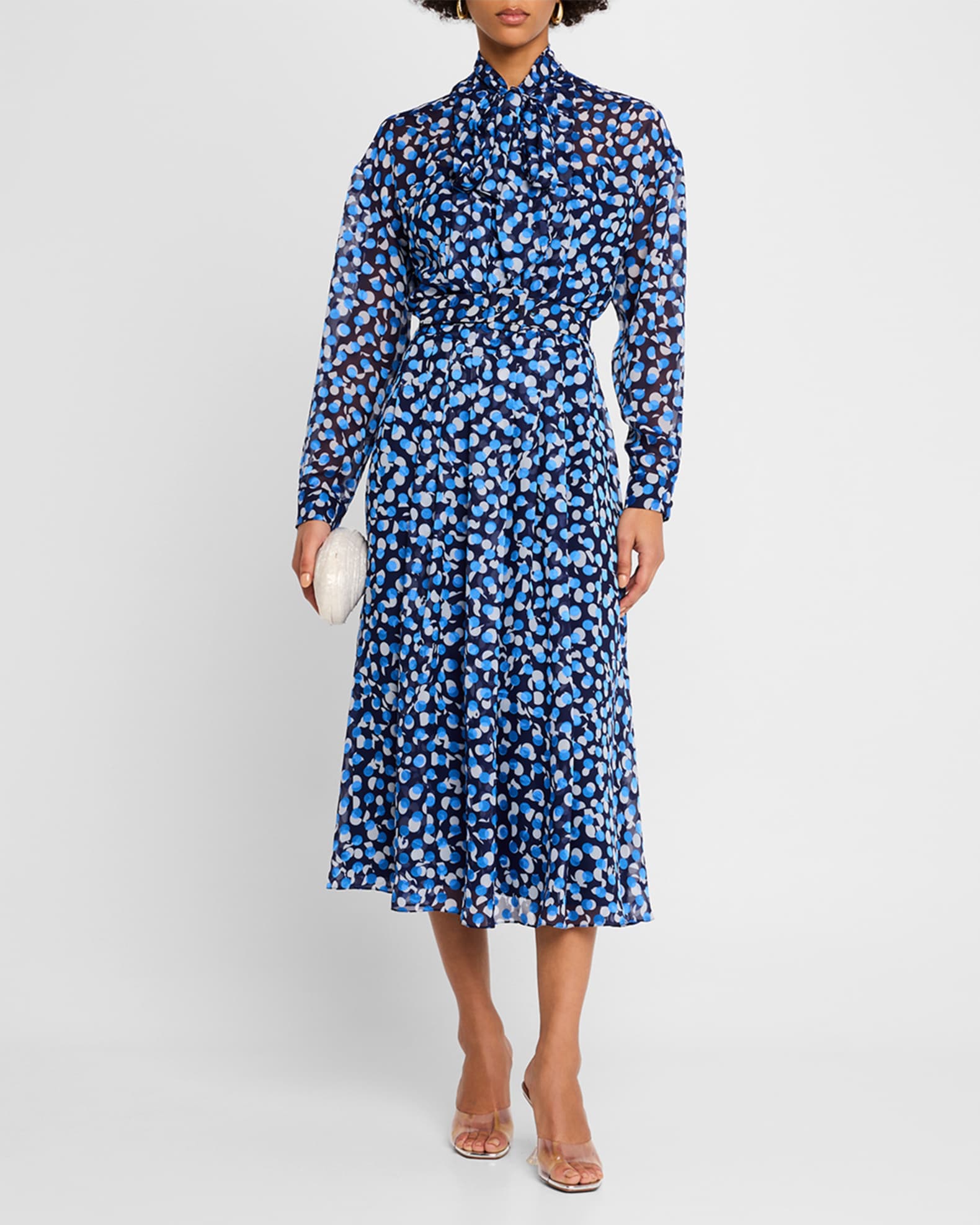 Tie-Neck Polka Dot Chiffon Midi Dress 1