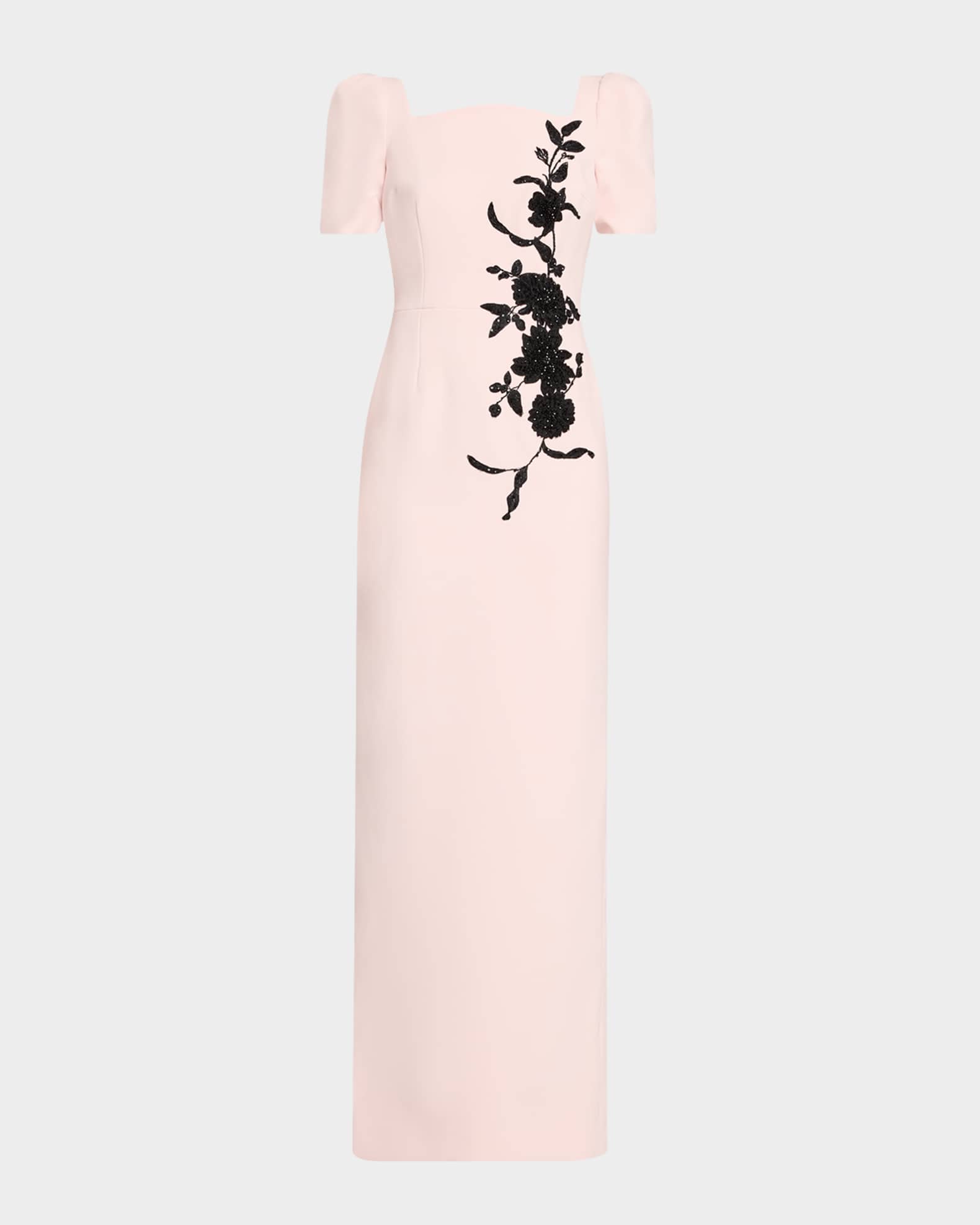 Rickie Freeman for Teri Jon Floral Applique Crepe Column Gown Pink Black