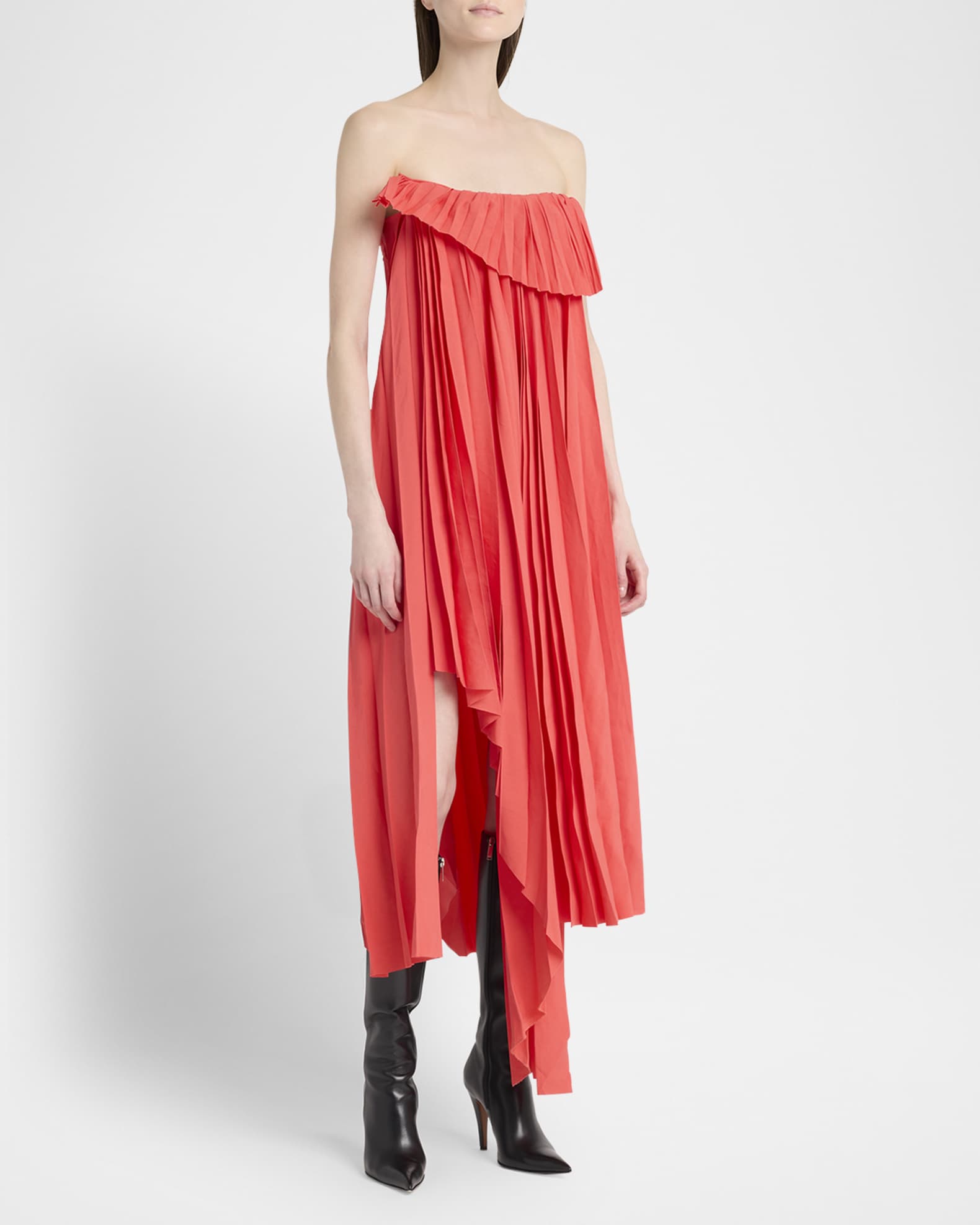 Alexander McQueen Strapless Plisse Asymmetric Midi Evening Dress Neiman Marcus