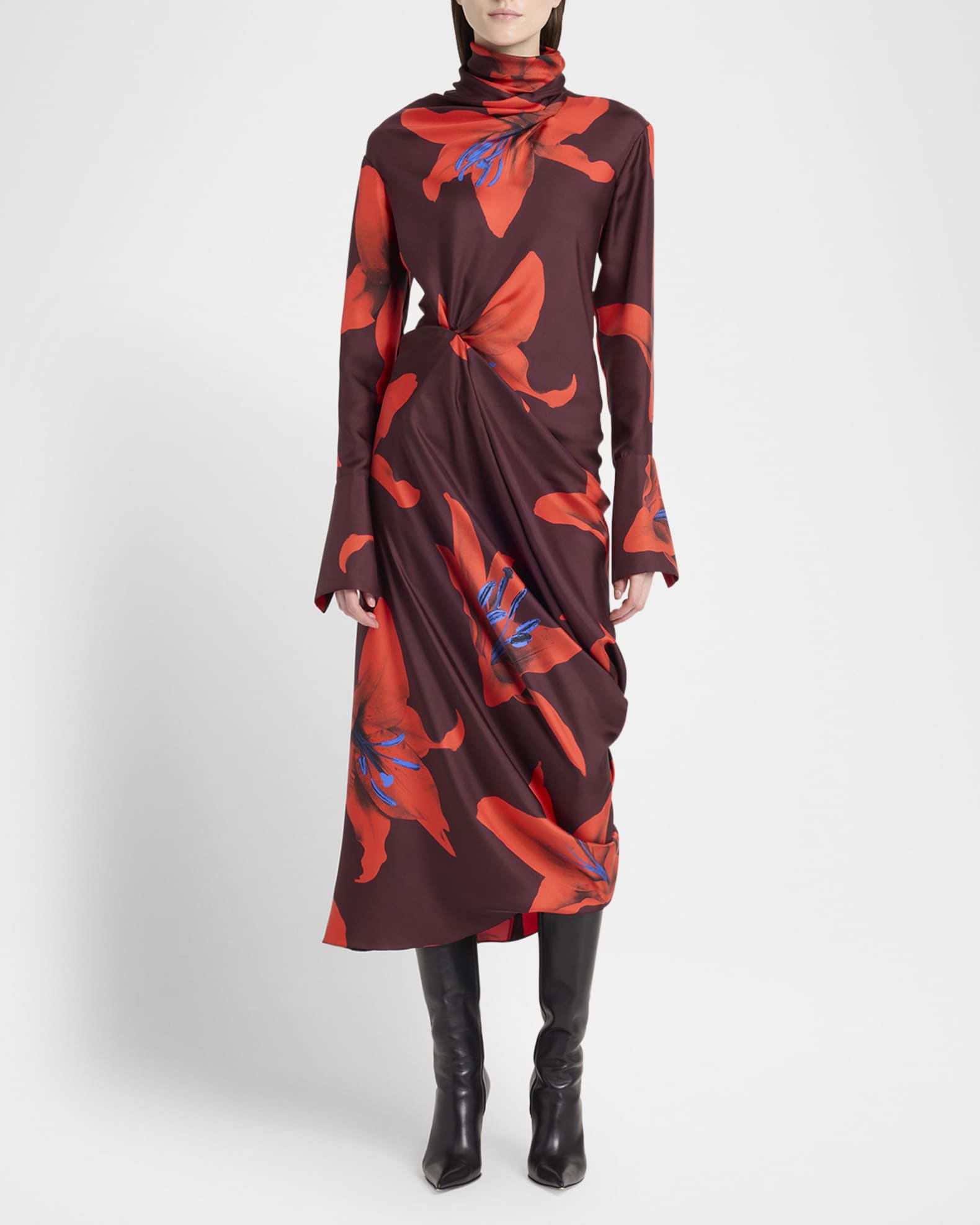 Turtleneck Floral Twisted Long-Sleeve Midi Dress 1