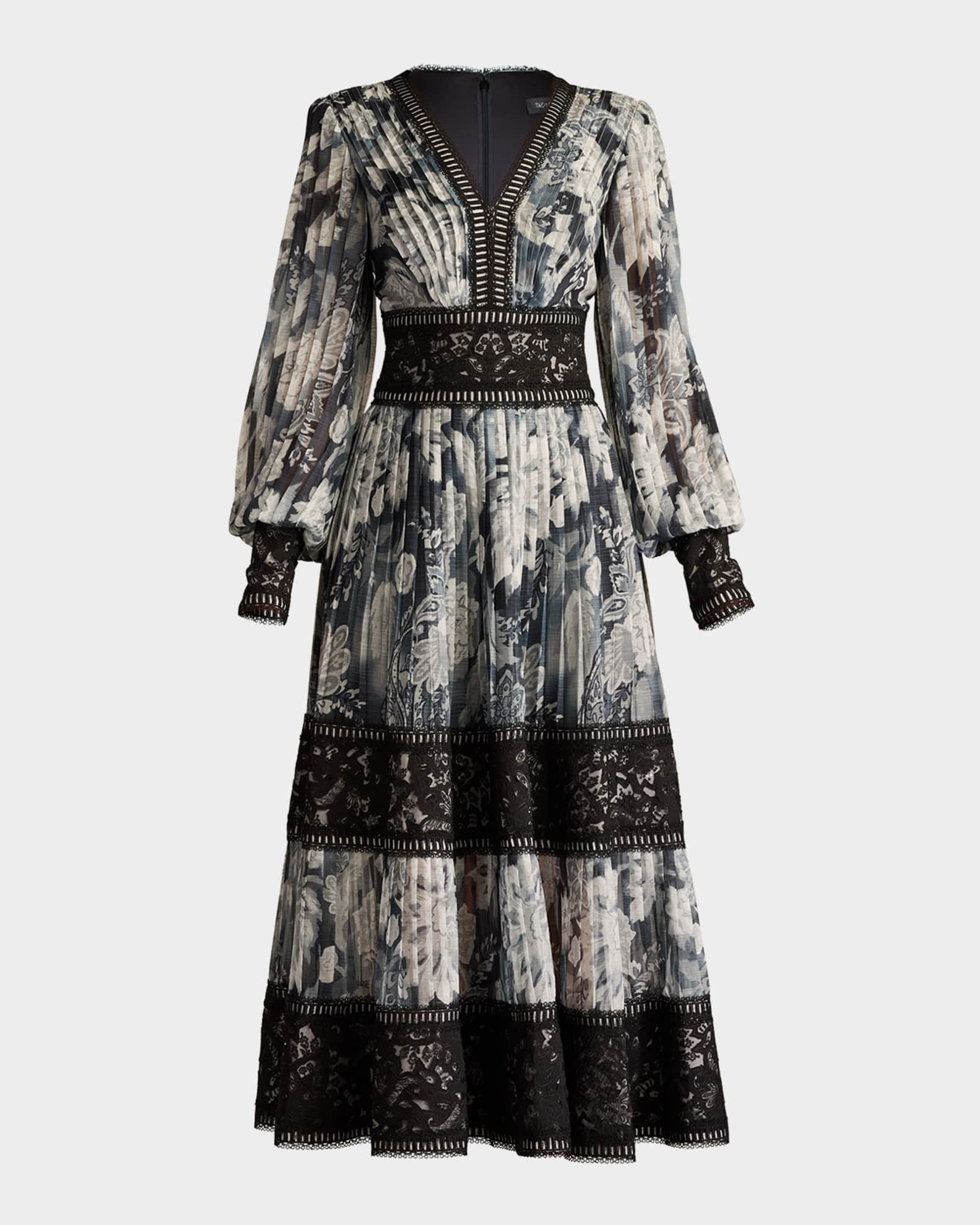 公式の店舗 Tadashi Shoji Pleated Lace Tiered Floral-Print Midi Dress ワンピース