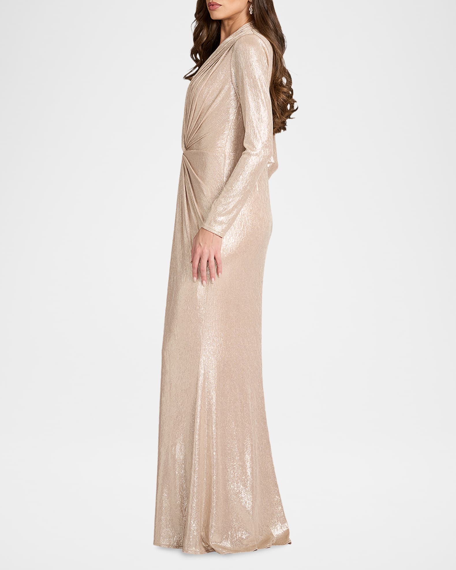 Tadashi Shoji Twist-Front Metallic Jersey Column Gown | Neiman Marcus
