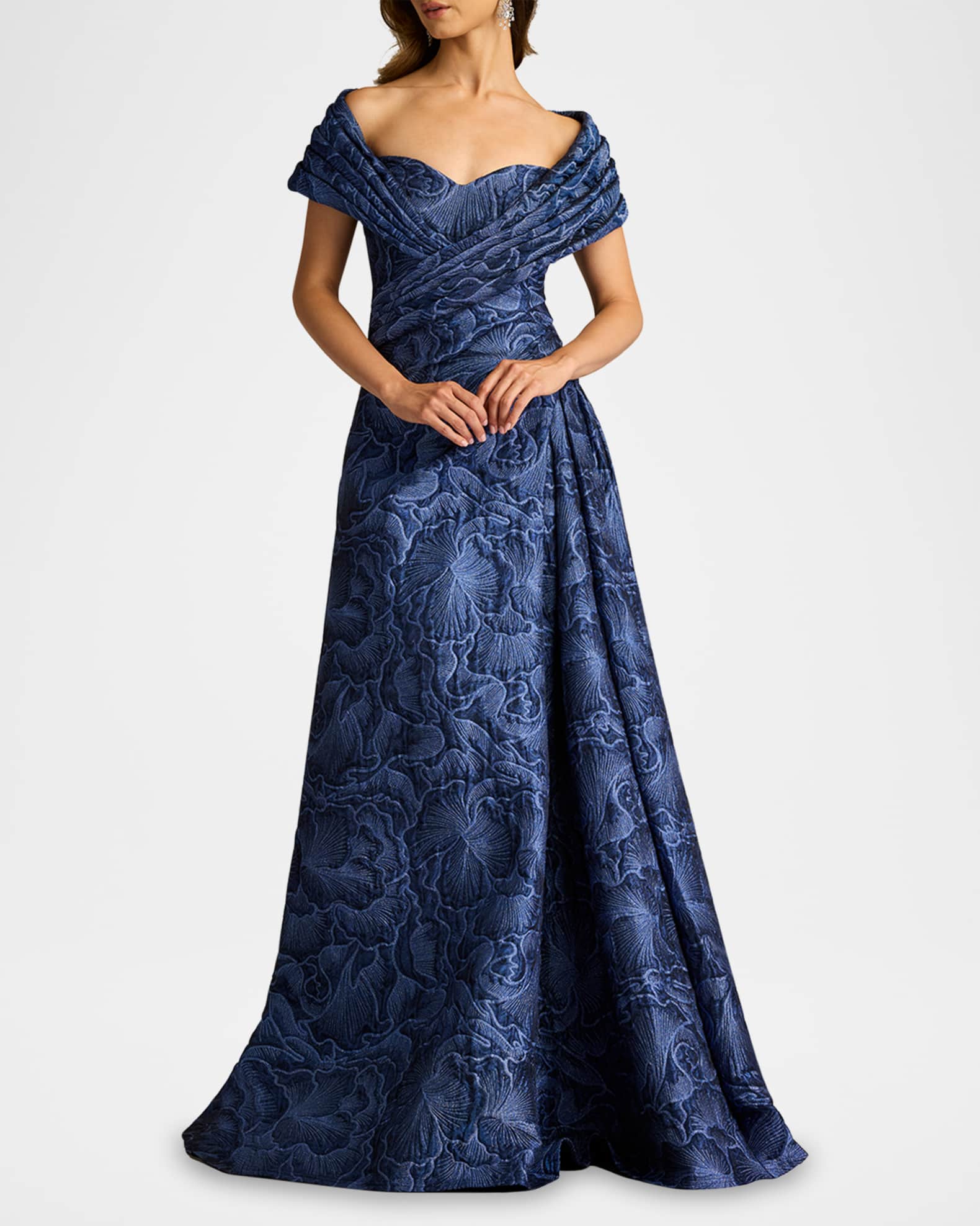 Tadashi Shoji Pleated Off-Shoulder Floral Jacquard Gown