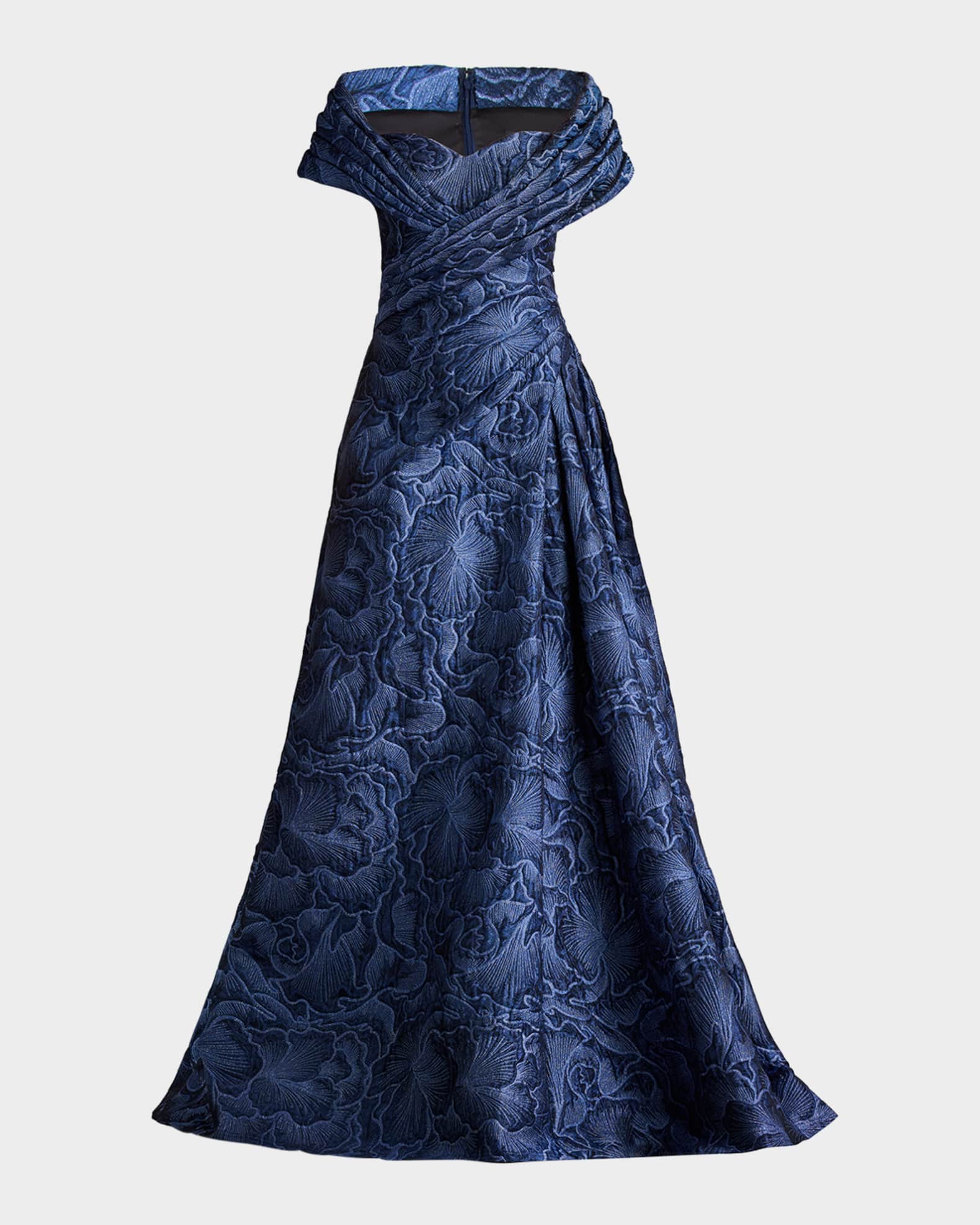 Pleated Off-Shoulder Floral Jacquard Gown 0