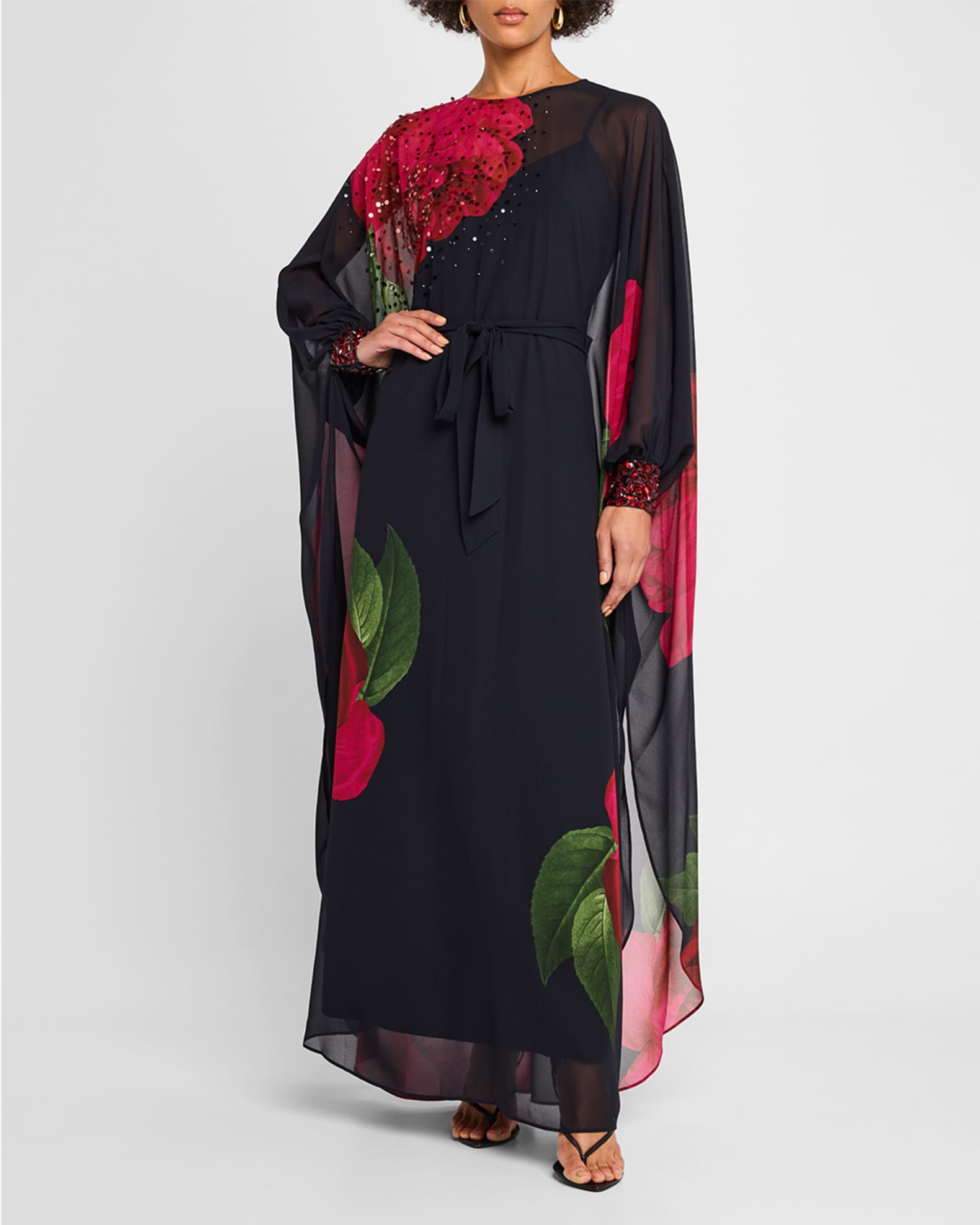 Gilda Floral-Print Chiffon Cape Gown 1