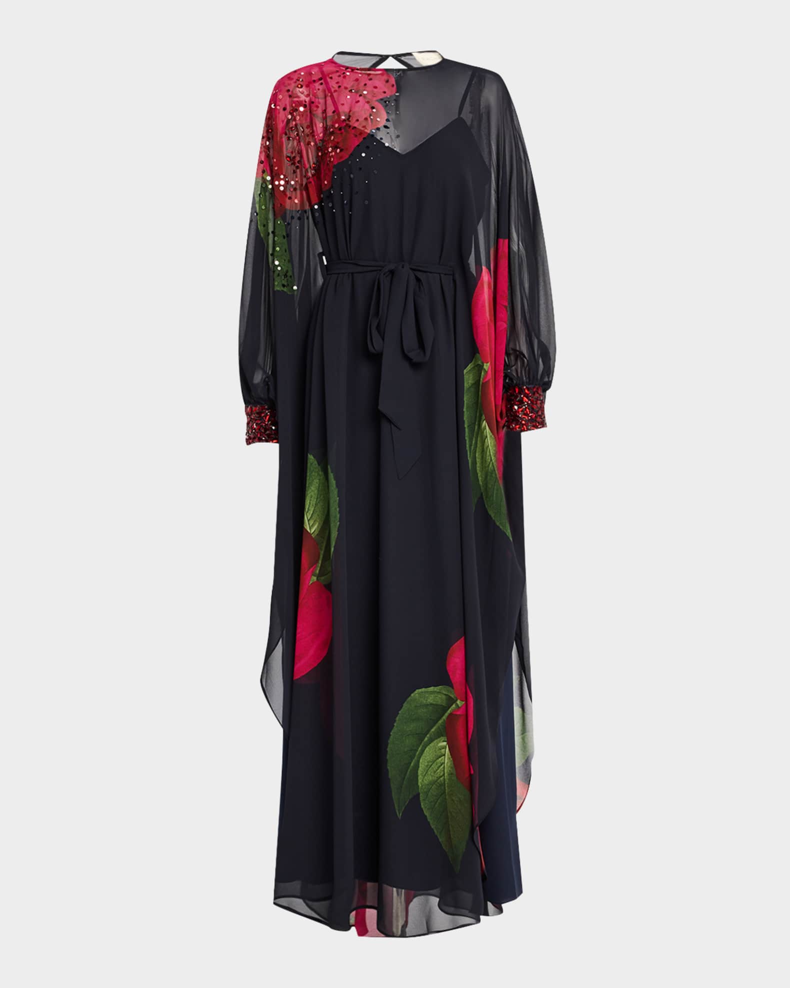 Gilda Floral-Print Chiffon Cape Gown 0