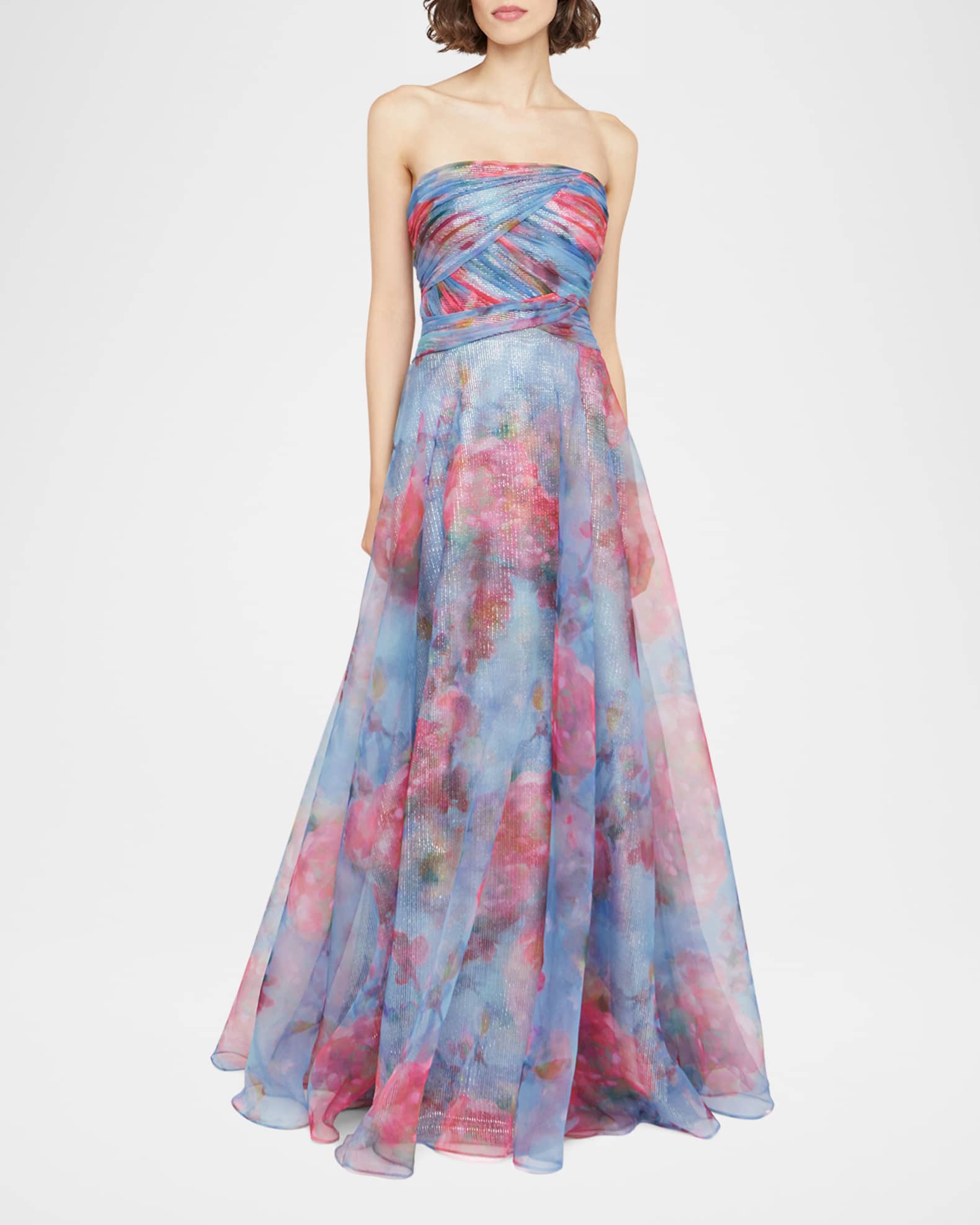Theia Giselle Strapless Metallic Organza Gown Arctic Floral