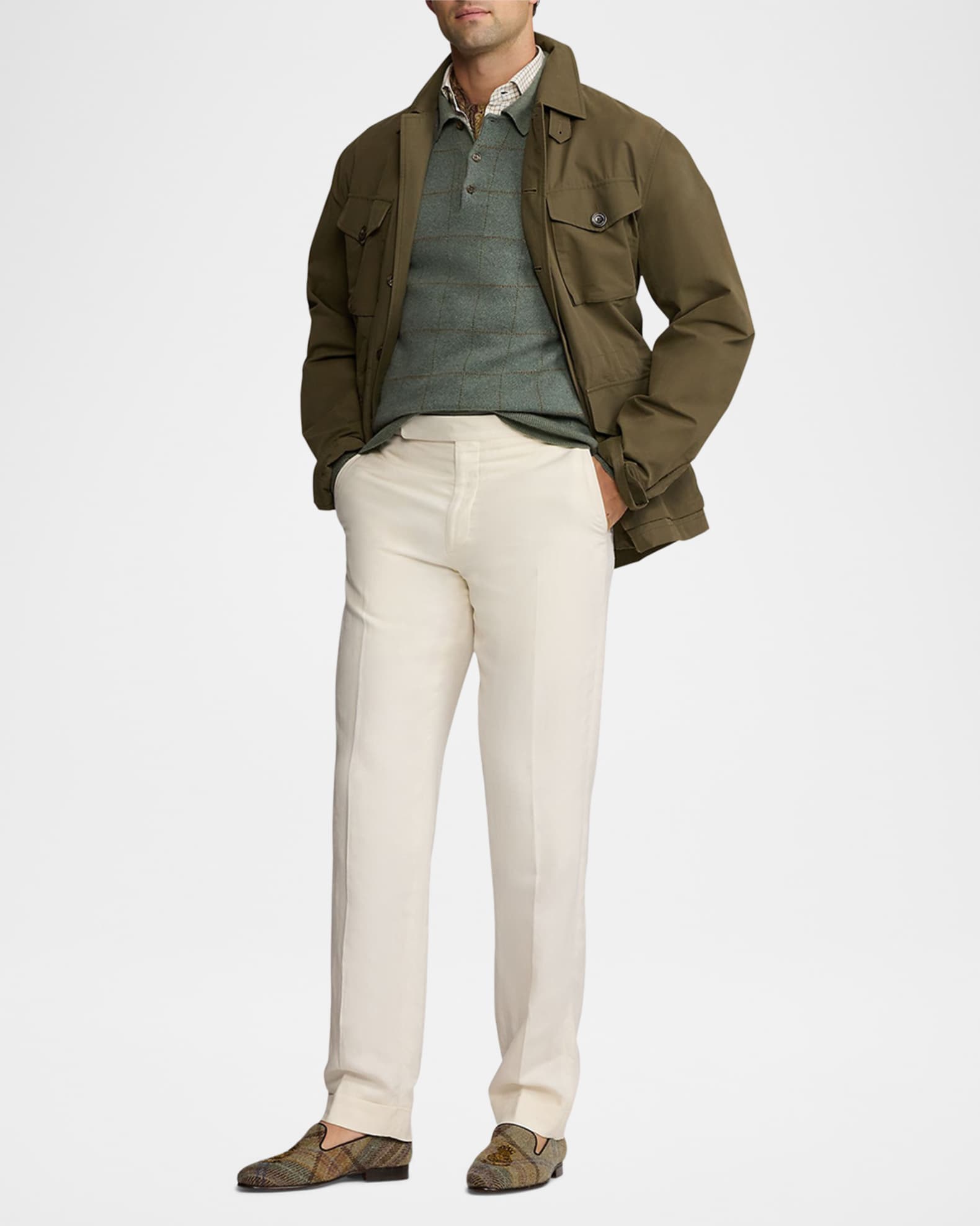 Men's Plaid Cashmere-Wool Polo-Collar Sweater 1