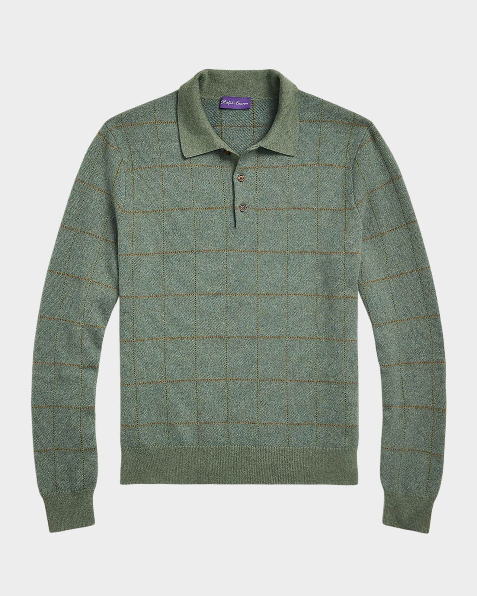Men's Plaid Cashmere-Wool Polo-Collar Sweater 0