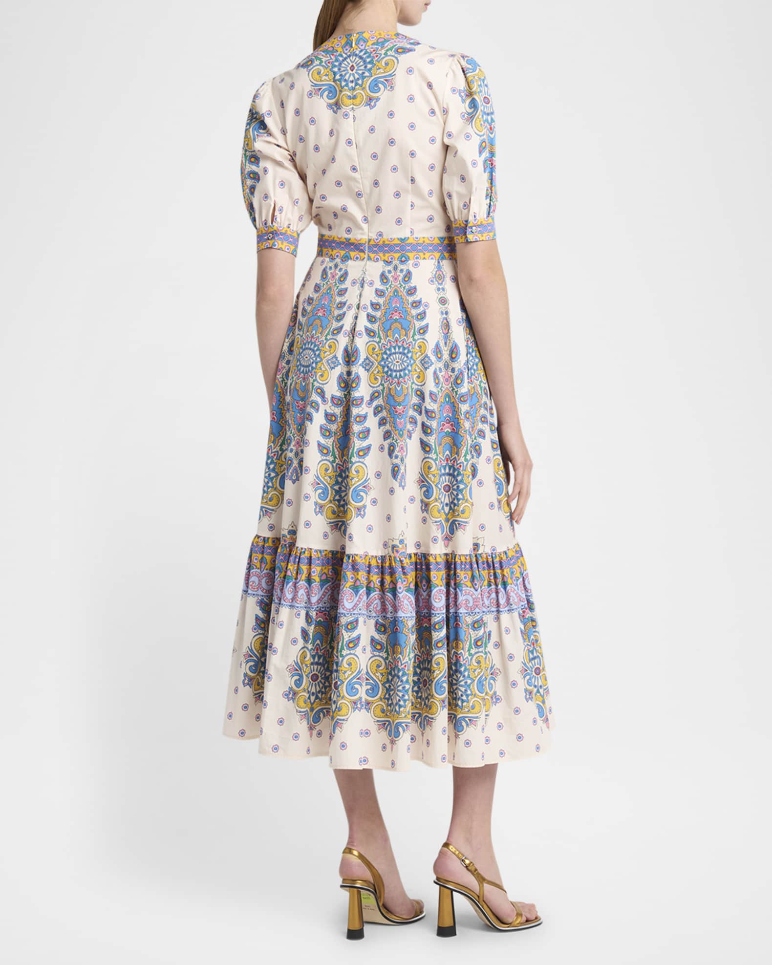 Etro Paisley-Print Puff-Sleeve Midi Dress | Neiman Marcus