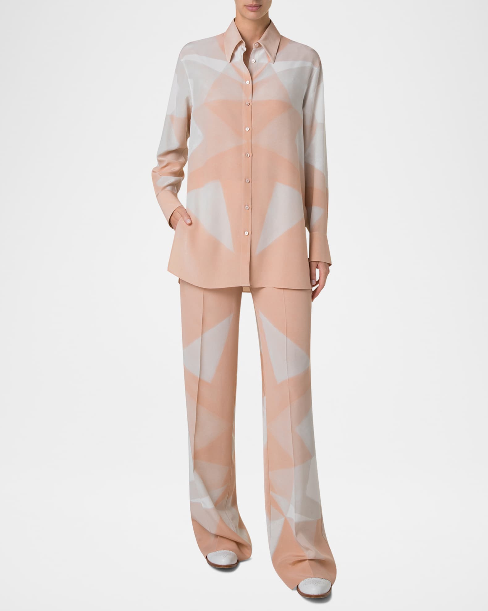 Chiaroscuro-Print Silk Crepe Tunic Blouse 1