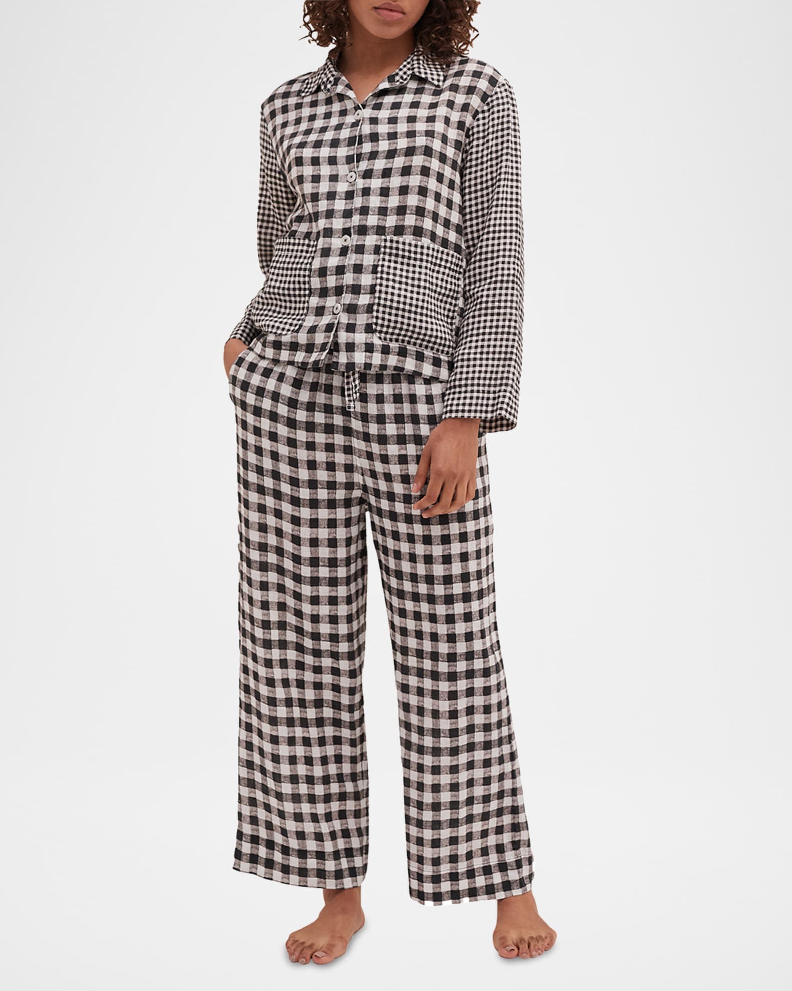 Cropped Gingham-Print Linen Pajama Set 1