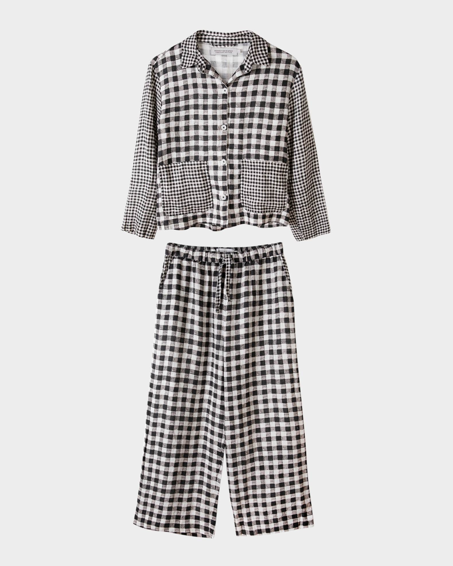 Cropped Gingham-Print Linen Pajama Set 0