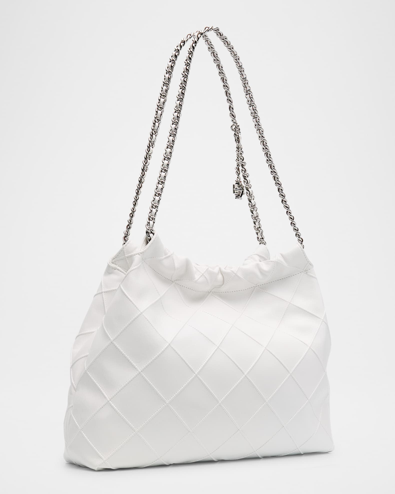 Tory Burch Fleming Distressed Quilted Leather Hobo Bag Blanc