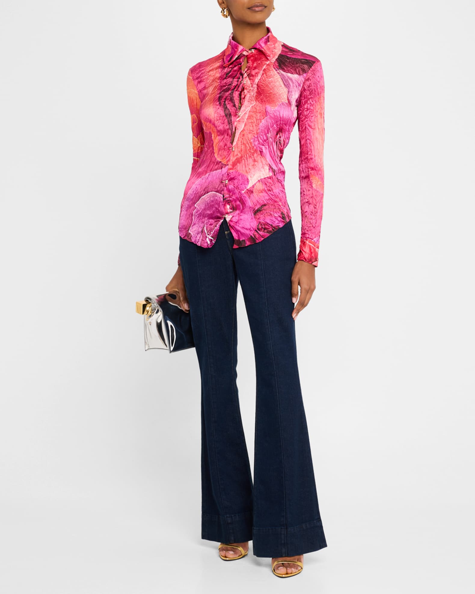 Rose-Print Crinkle Silk Collared Shirt 1