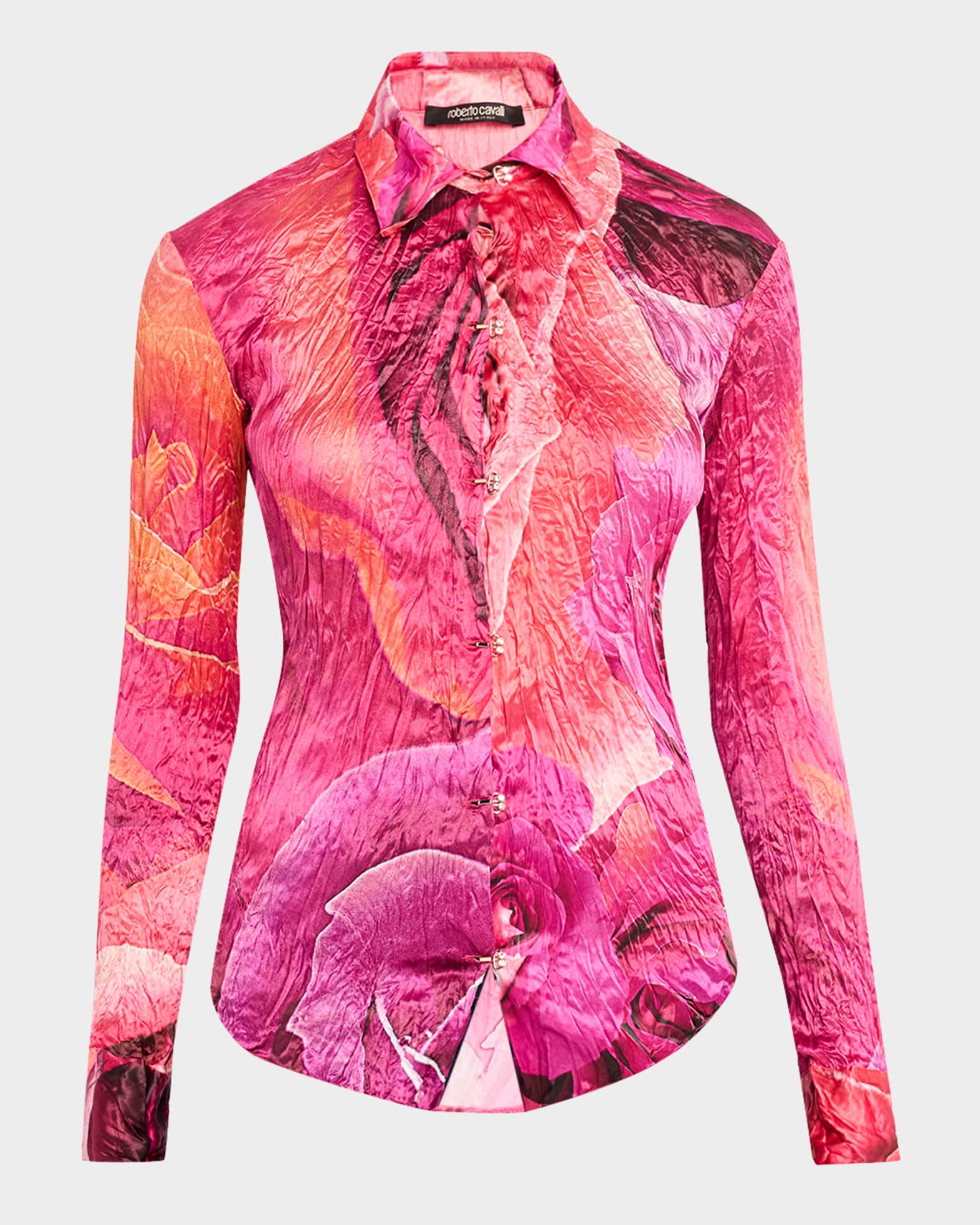 Rose-Print Crinkle Silk Collared Shirt 0