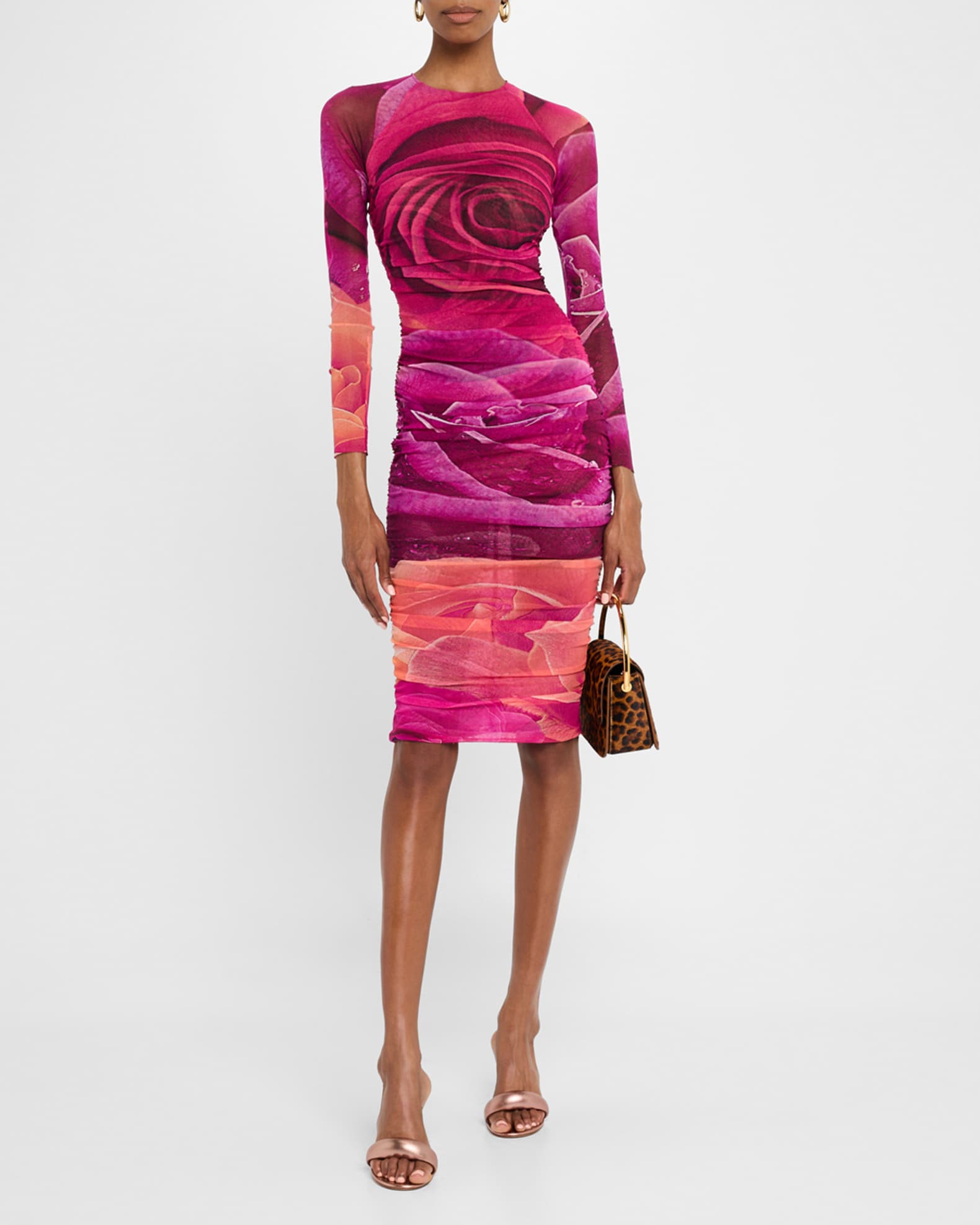 Rosette-Print Mesh Long-Sleeve Midi Dress 1
