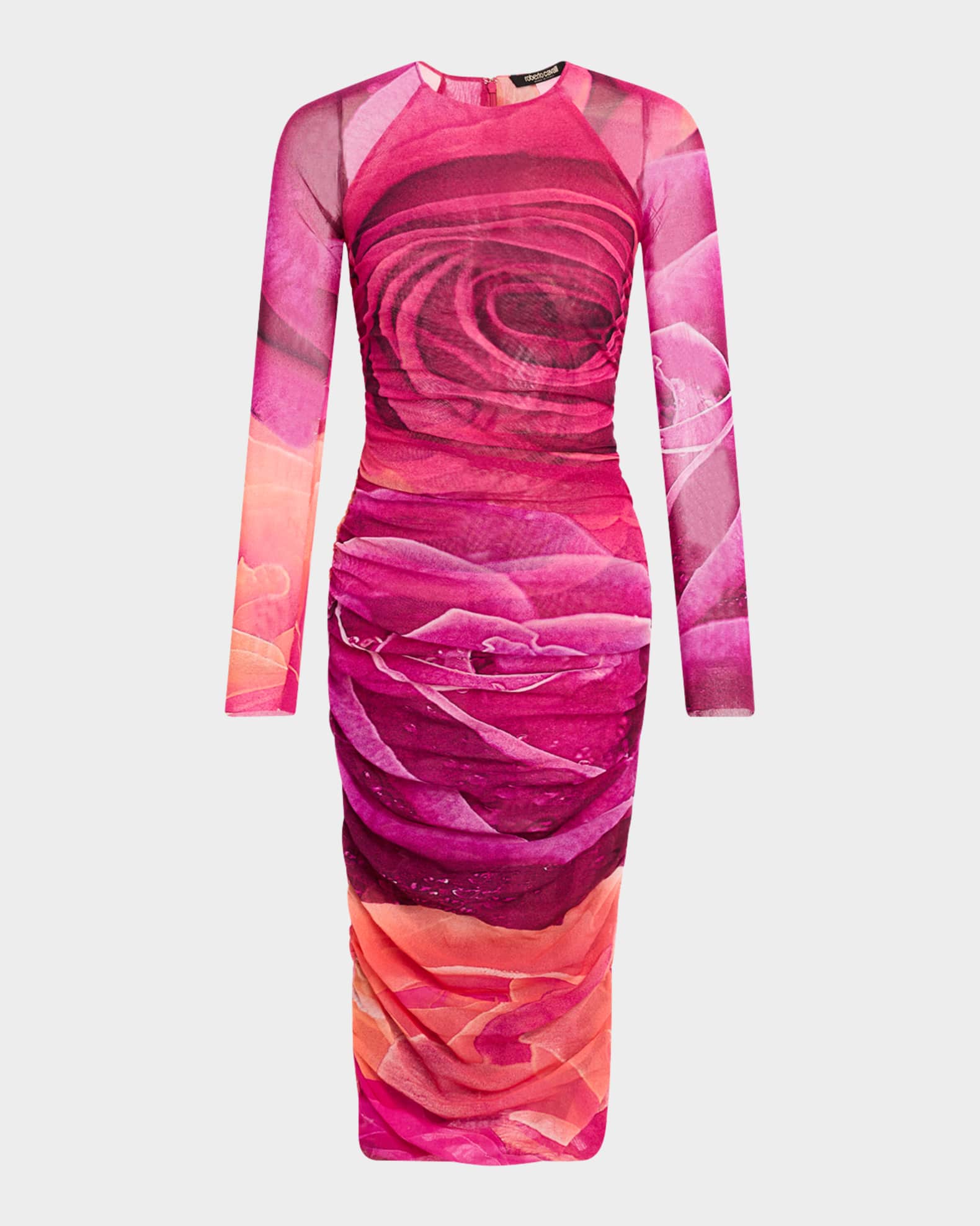 Rosette-Print Mesh Long-Sleeve Midi Dress 0