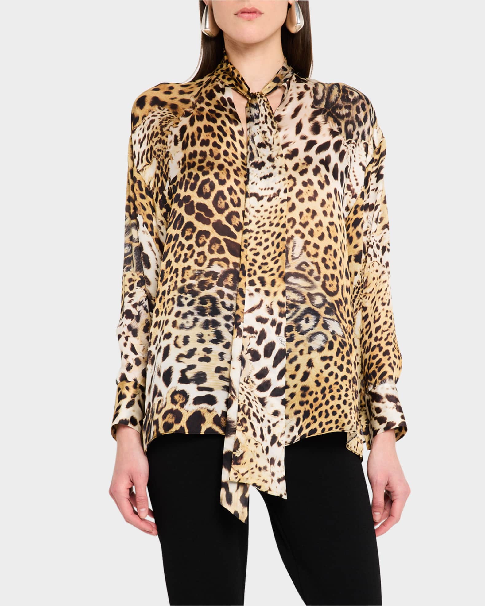 Roberto Cavalli Jaguar-Print Silk Neck-Tie Blouse | Neiman Marcus