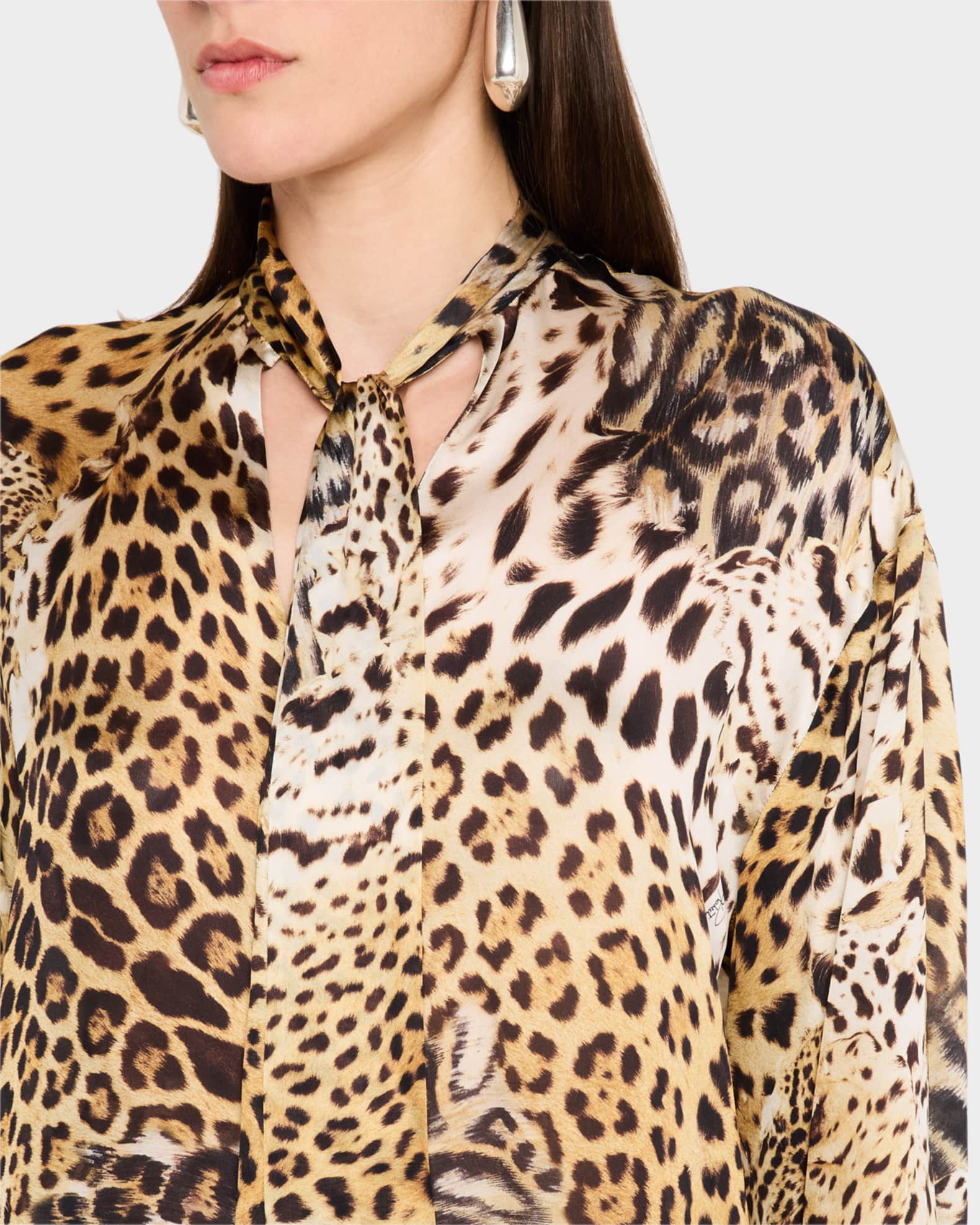 Roberto Cavalli Jaguar-Print Silk Neck-Tie Blouse | Neiman Marcus