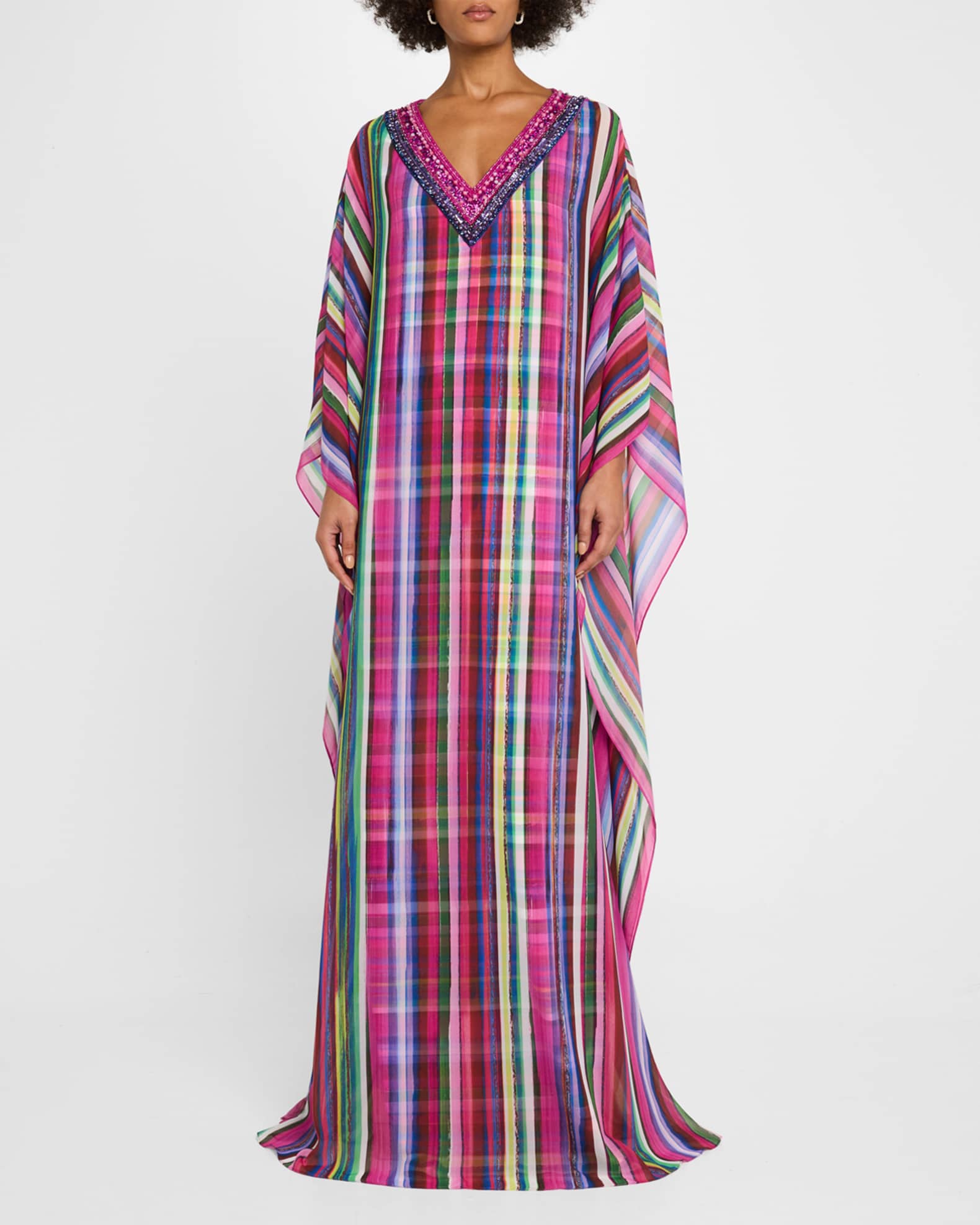 Bead-Trim Striped Georgette Caftan