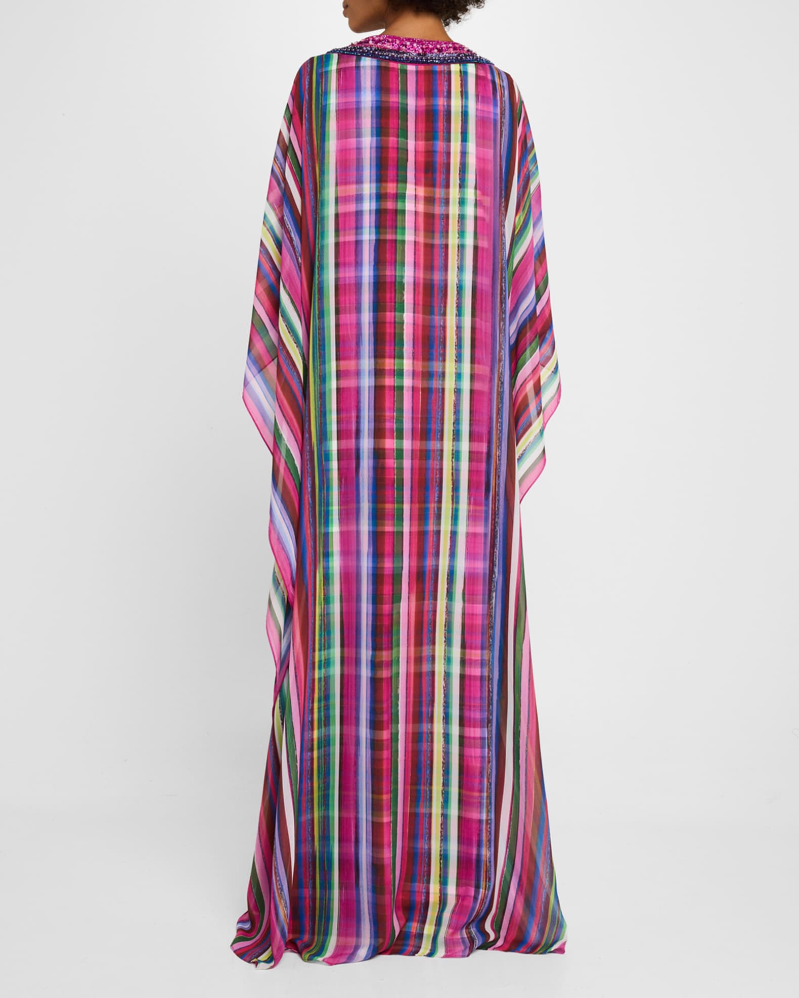 Bead-Trim Striped Georgette Caftan