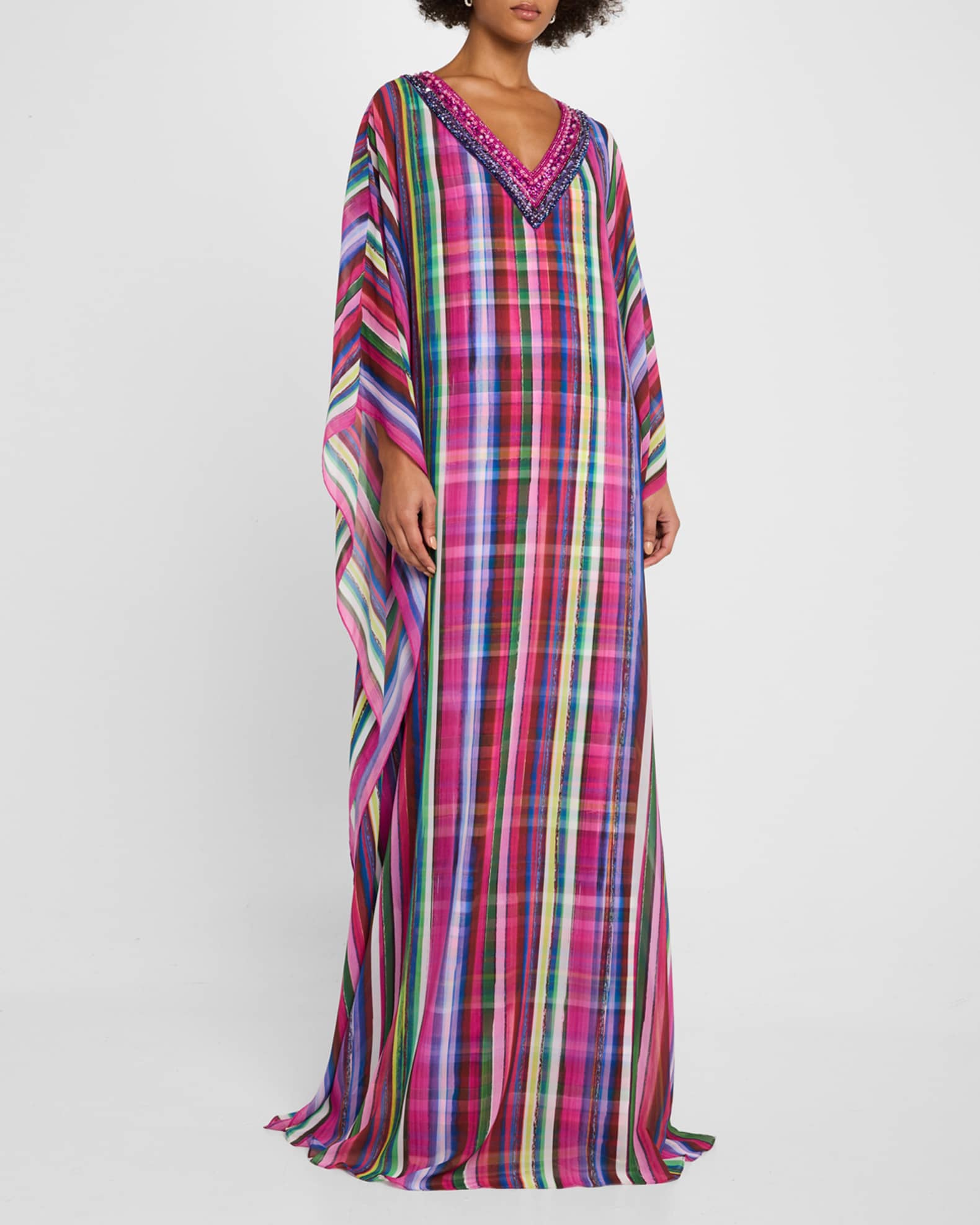 Bead-Trim Striped Georgette Caftan