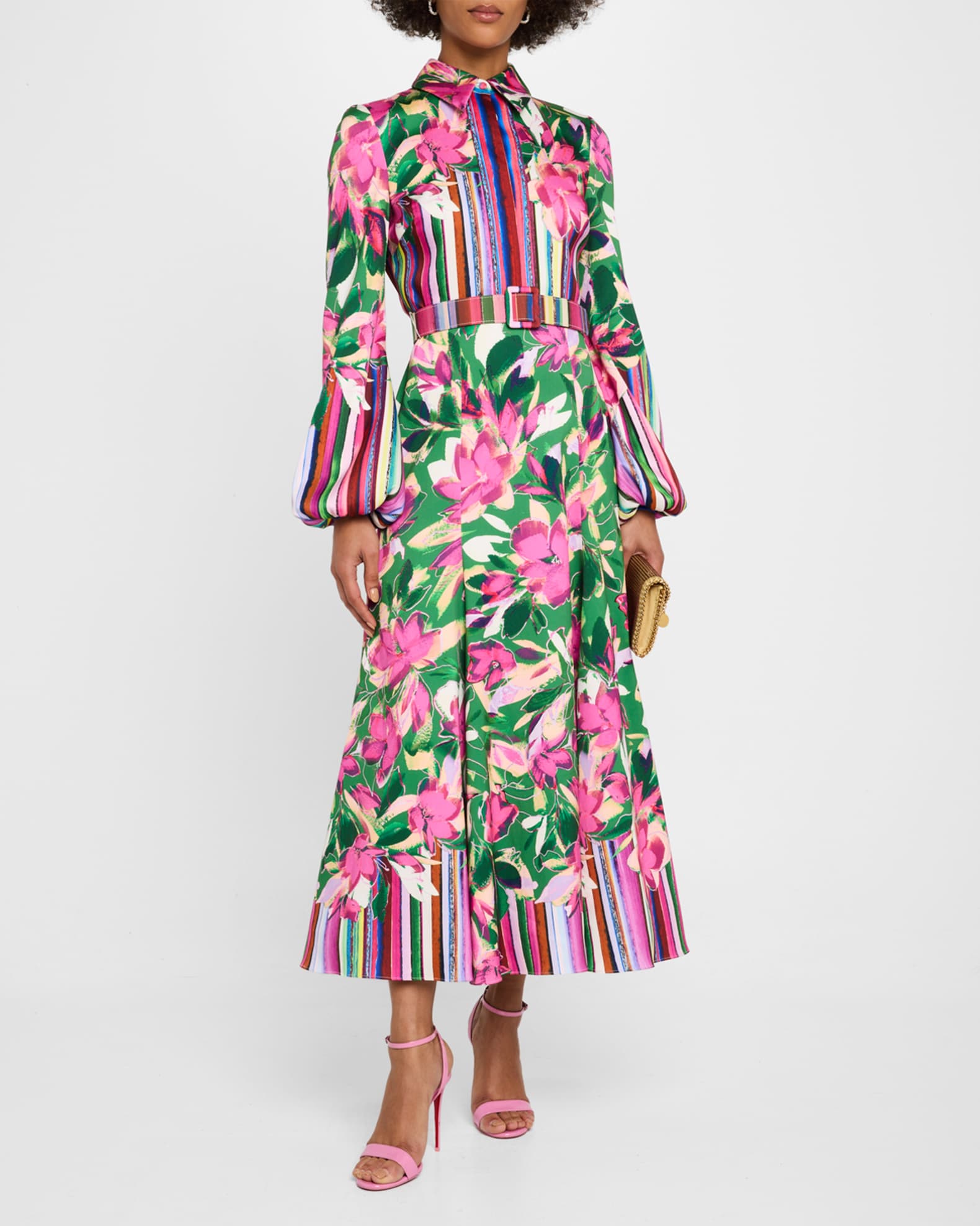 Belted Floral & Stripe-Print Maxi Shirtdress 1