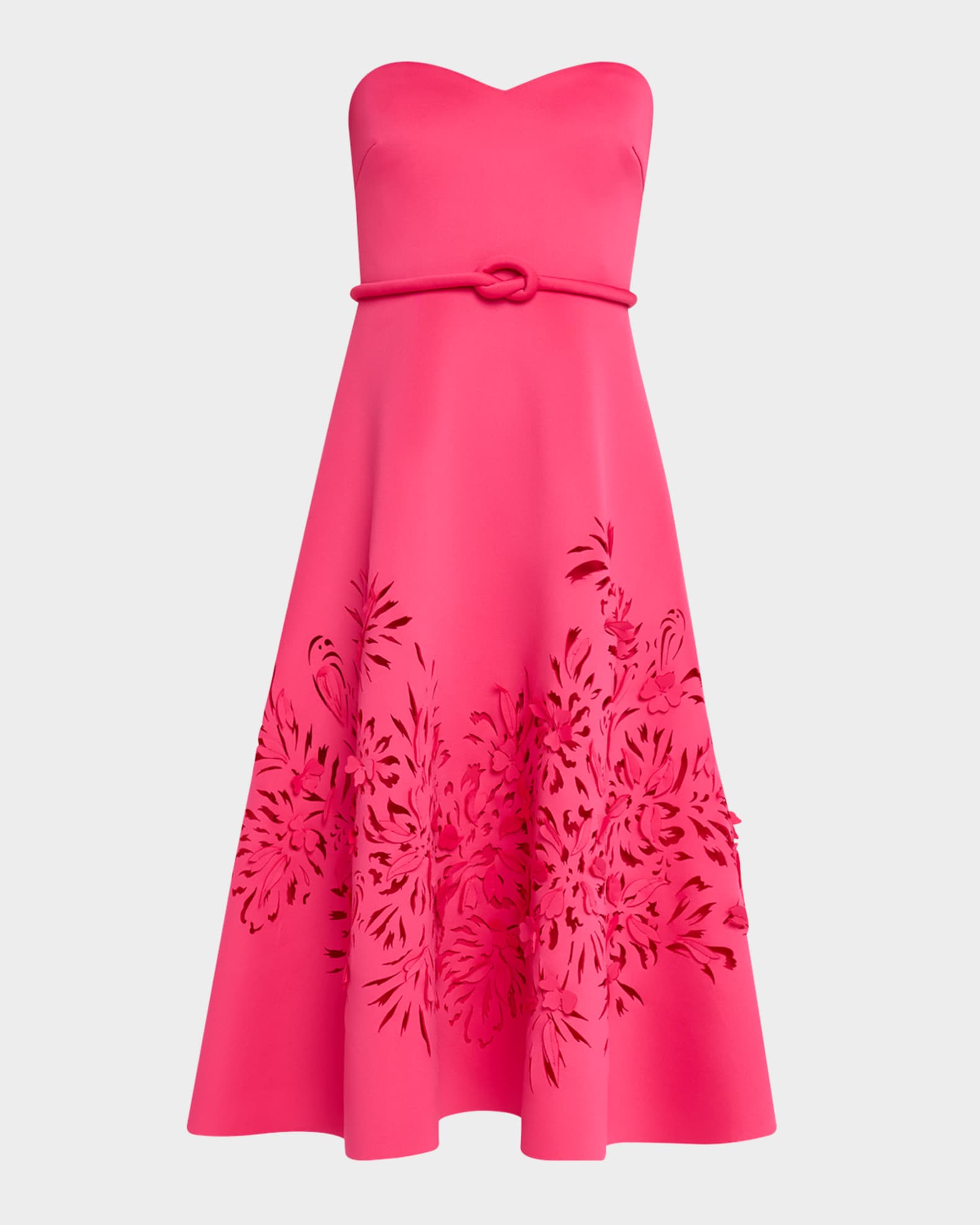 Strapless Laser-Cut Floral Scuba Midi Dress 0