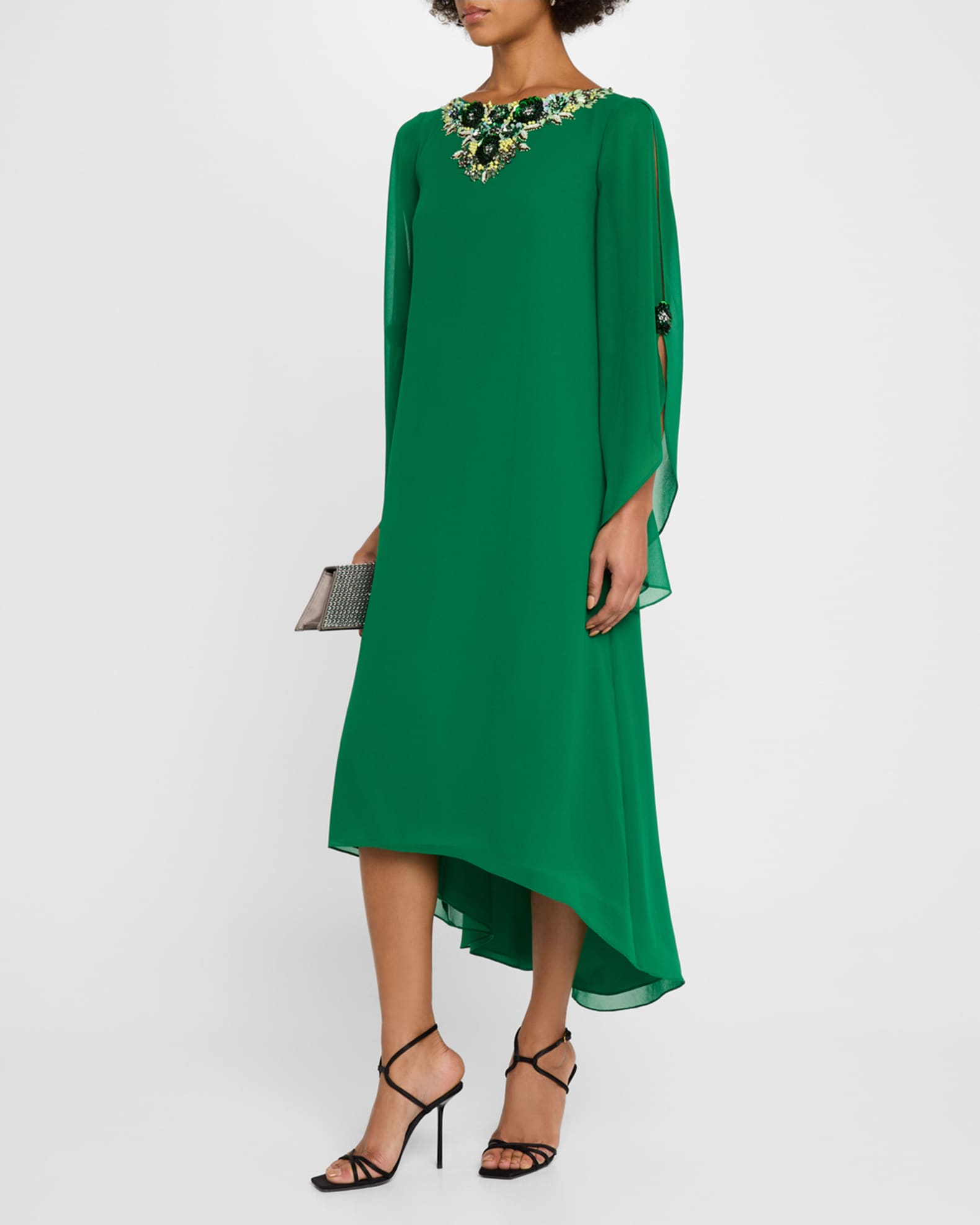 Badgley Mischka Collection Beaded High Low Gerogette Caftan Midi Dress Neiman Marcus