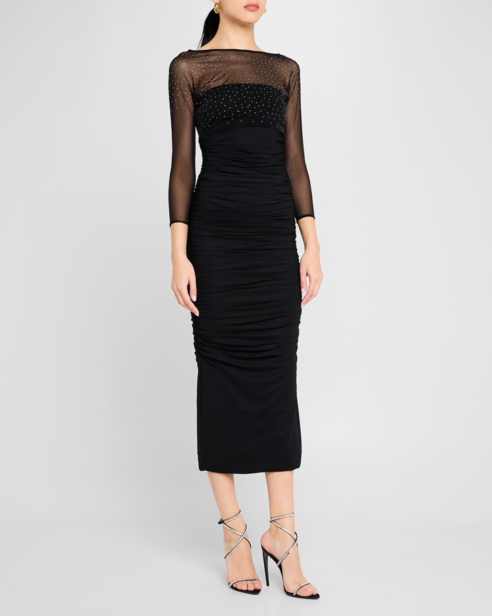 Gyun Ruched Rhinestone Illusion Midi Dress 1