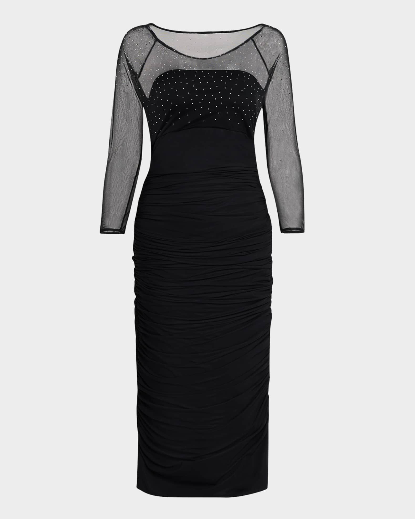 Gyun Ruched Rhinestone Illusion Midi Dress 0